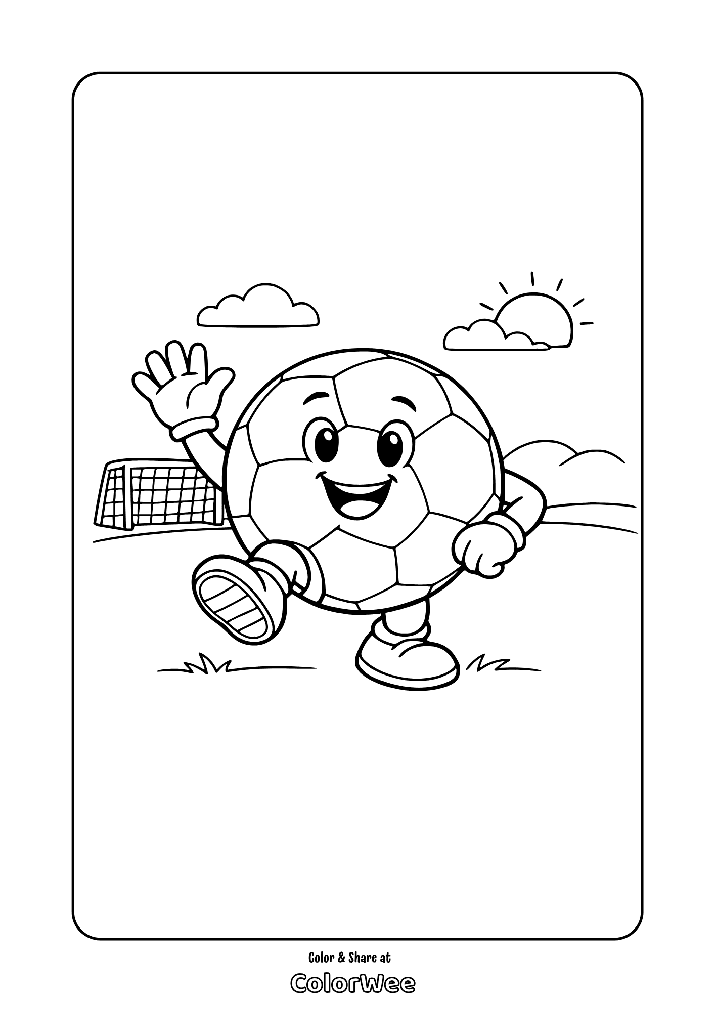 Cute soccer bal waving by goal coloring page for kids