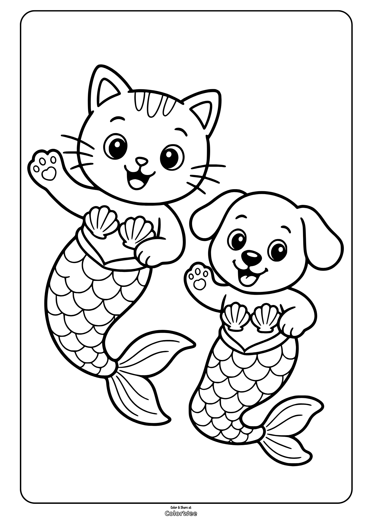 Cat and puppy mermaids wave while holding seashells in this playful coloring picture