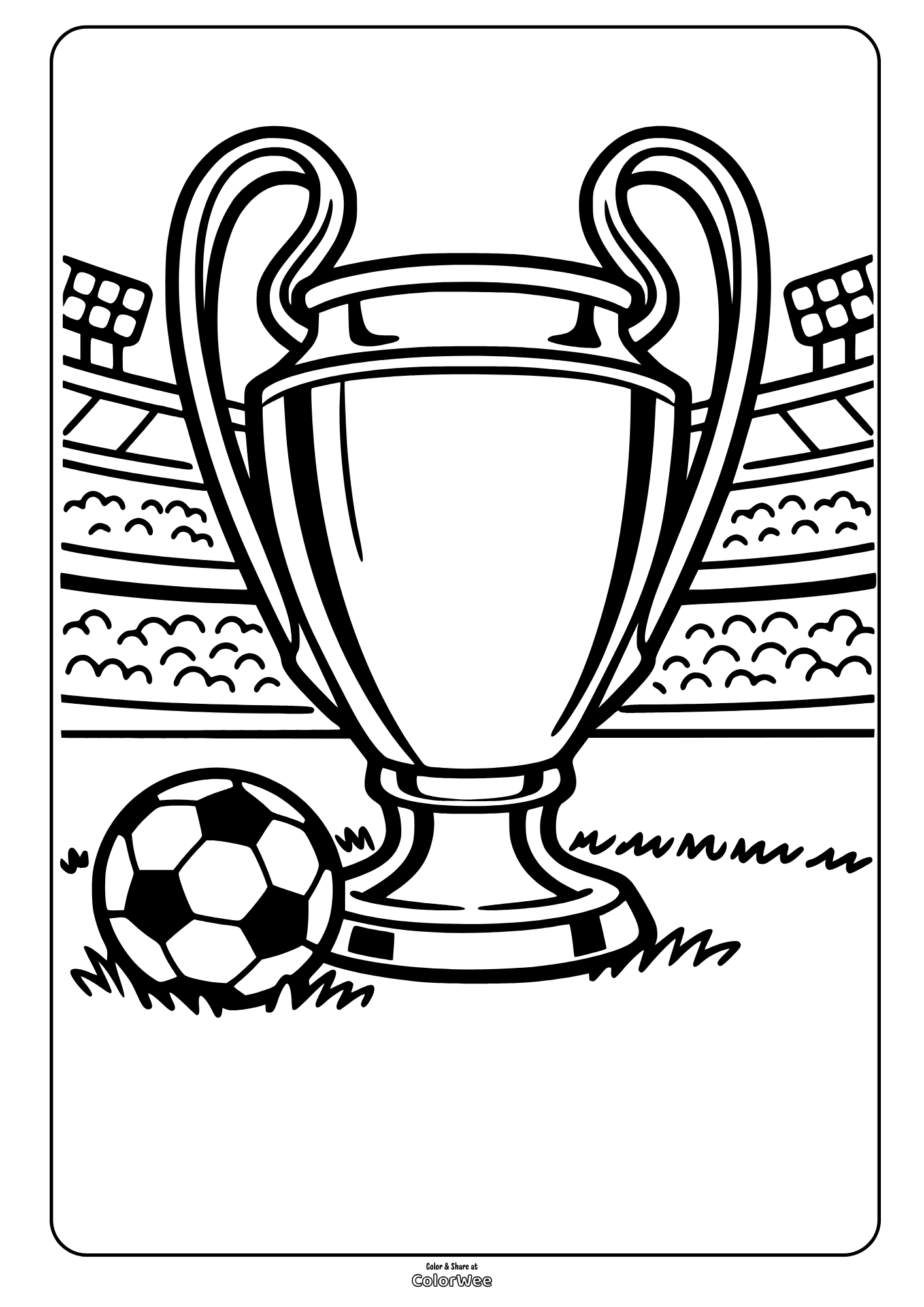 Soccer championship league trophy and ball in stadium coloring sheet for kids