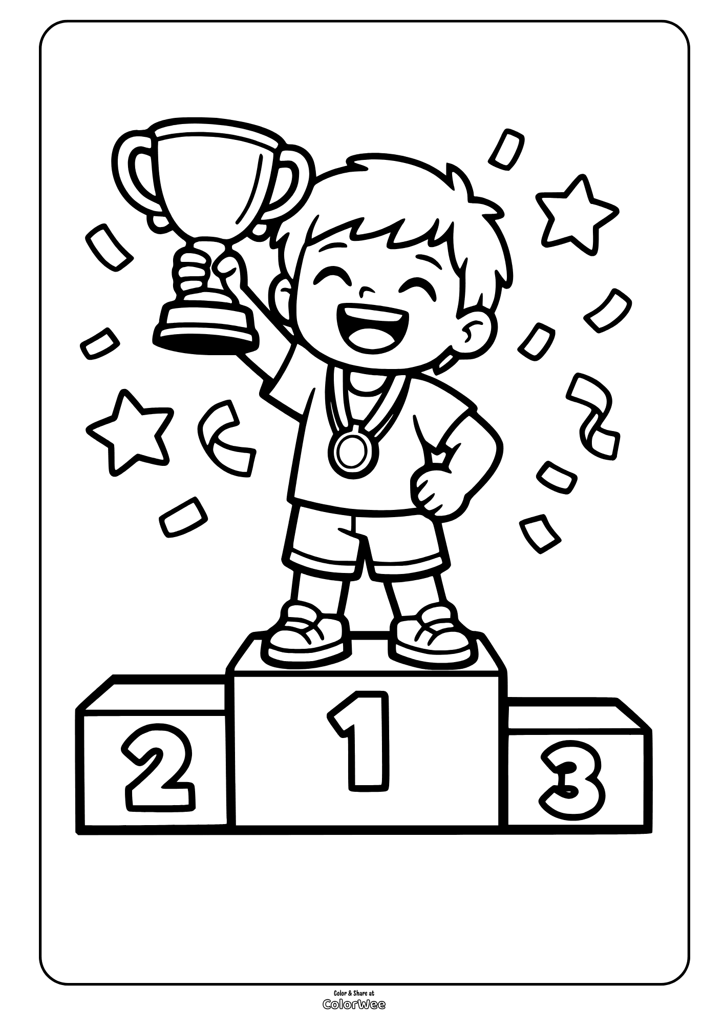 Boy trophy winner podium coloring sheet for kids with medal and confetti