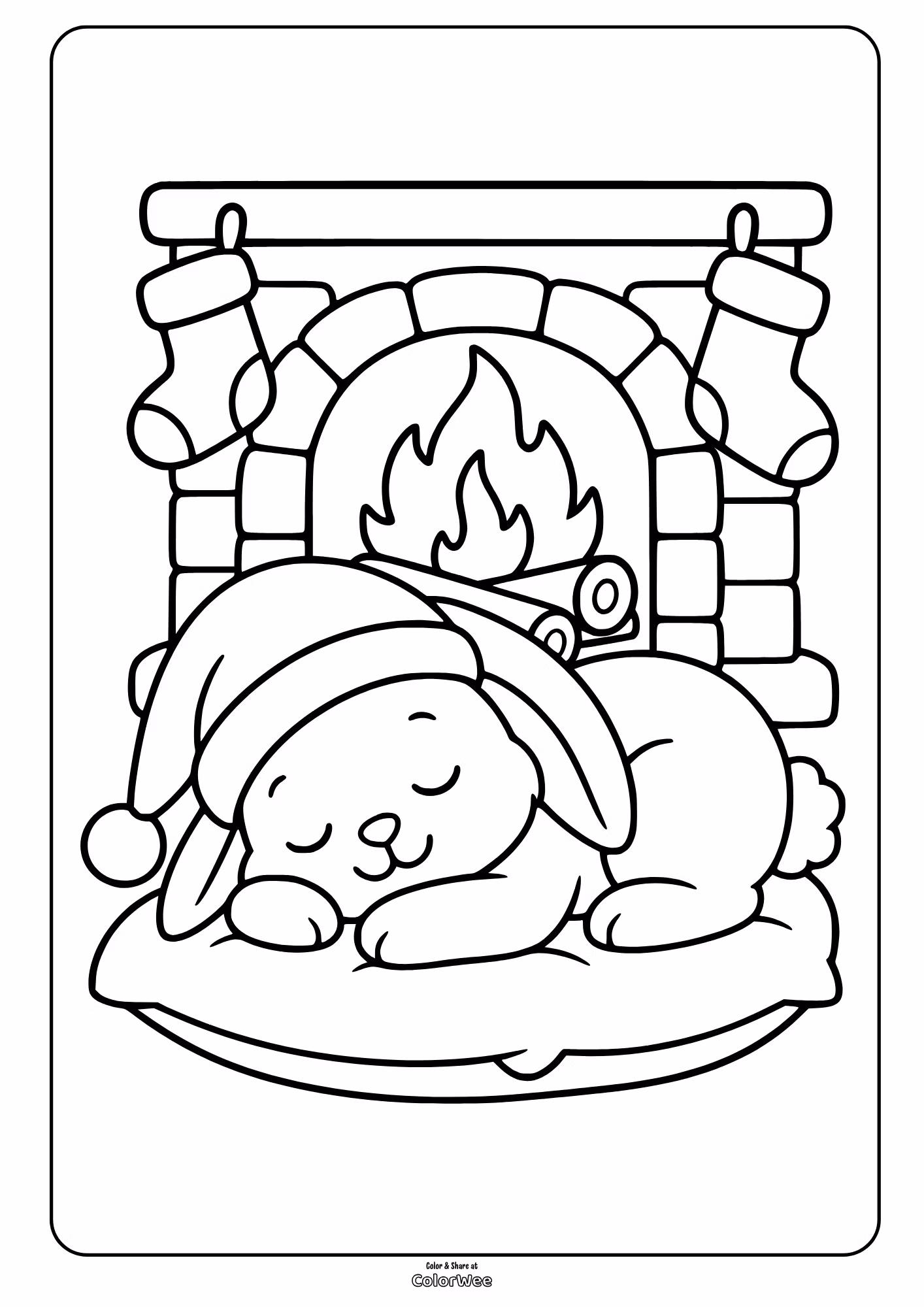 Sleeping bunny in a Santa hat rests before a fireplace with stockings, printable coloring page