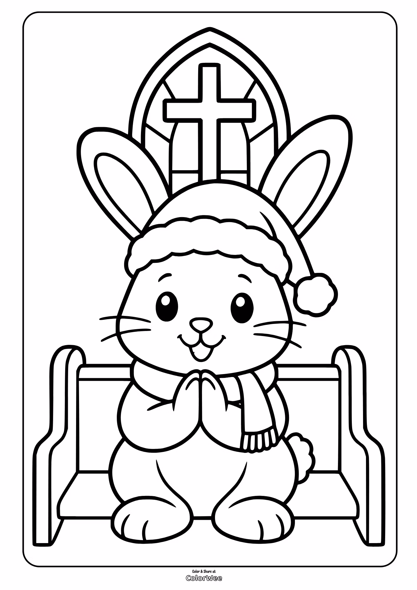 Cute bunny wearing a festive hat and scarf, sitting on a sled, coloring sheet