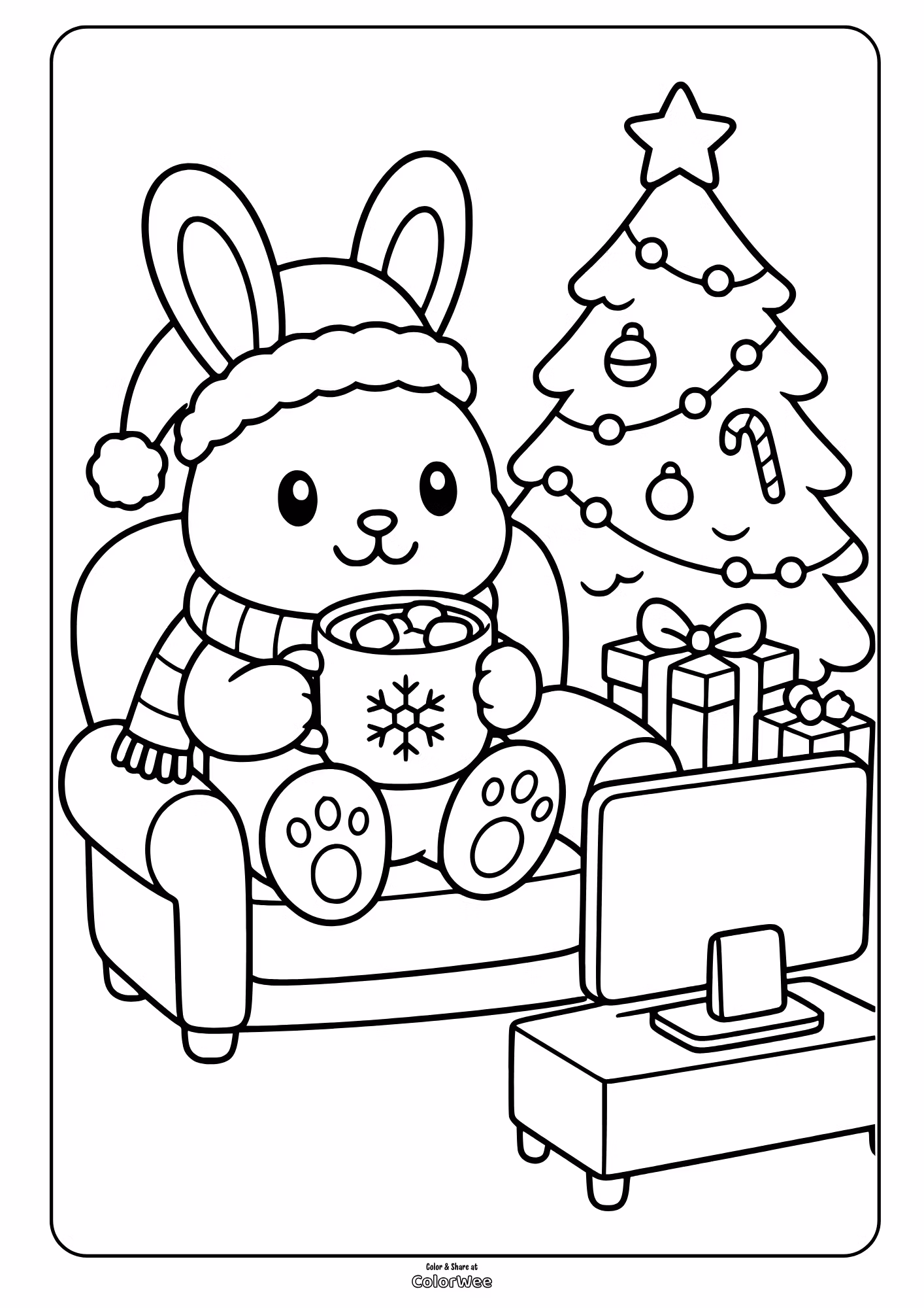 Bunny holding a snowflake mug sits beside a decorated Christmas tree and presents in a coloring picture
