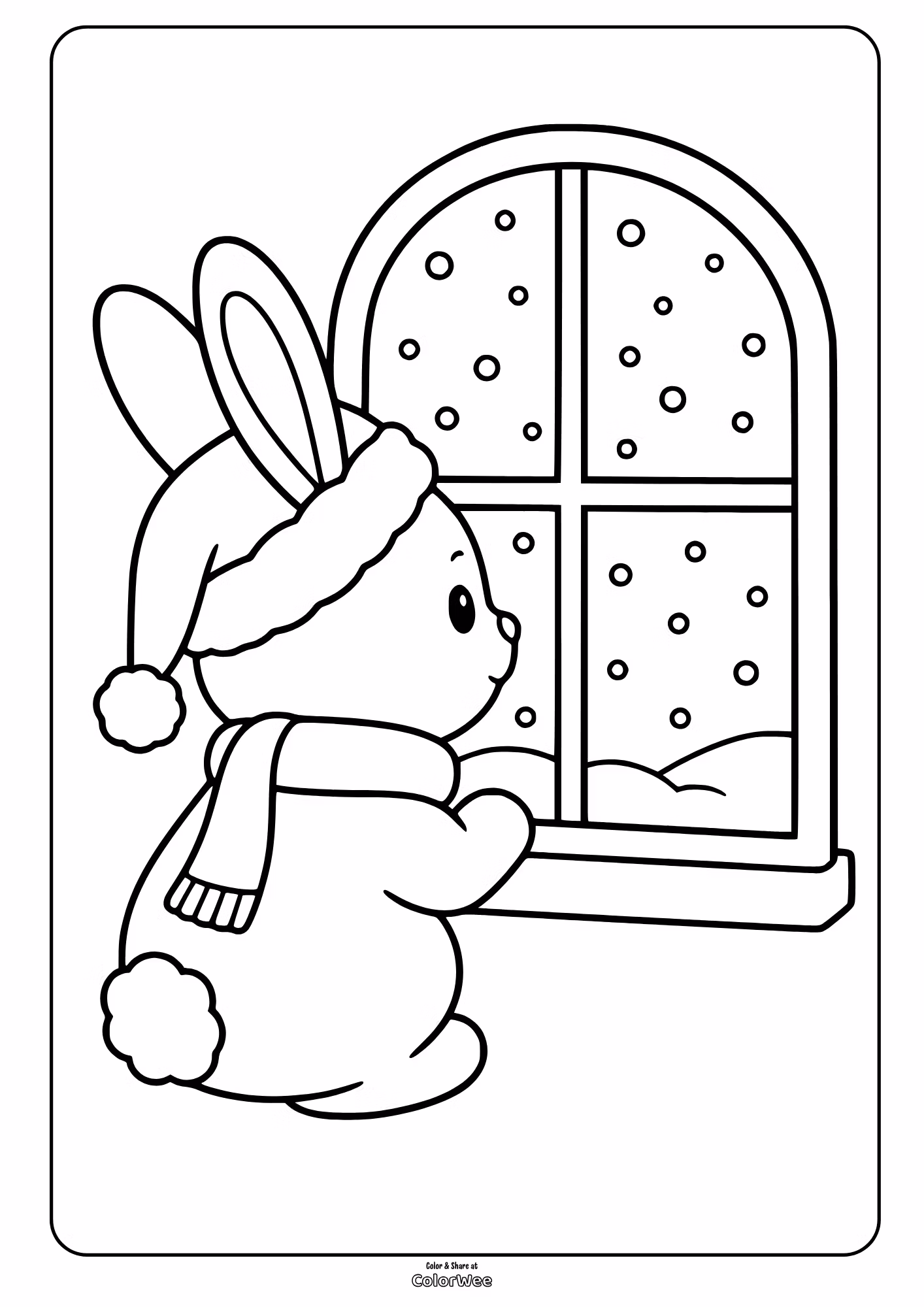 Bunny wearing a winter hat and scarf sits beside a dotted window coloring sheet