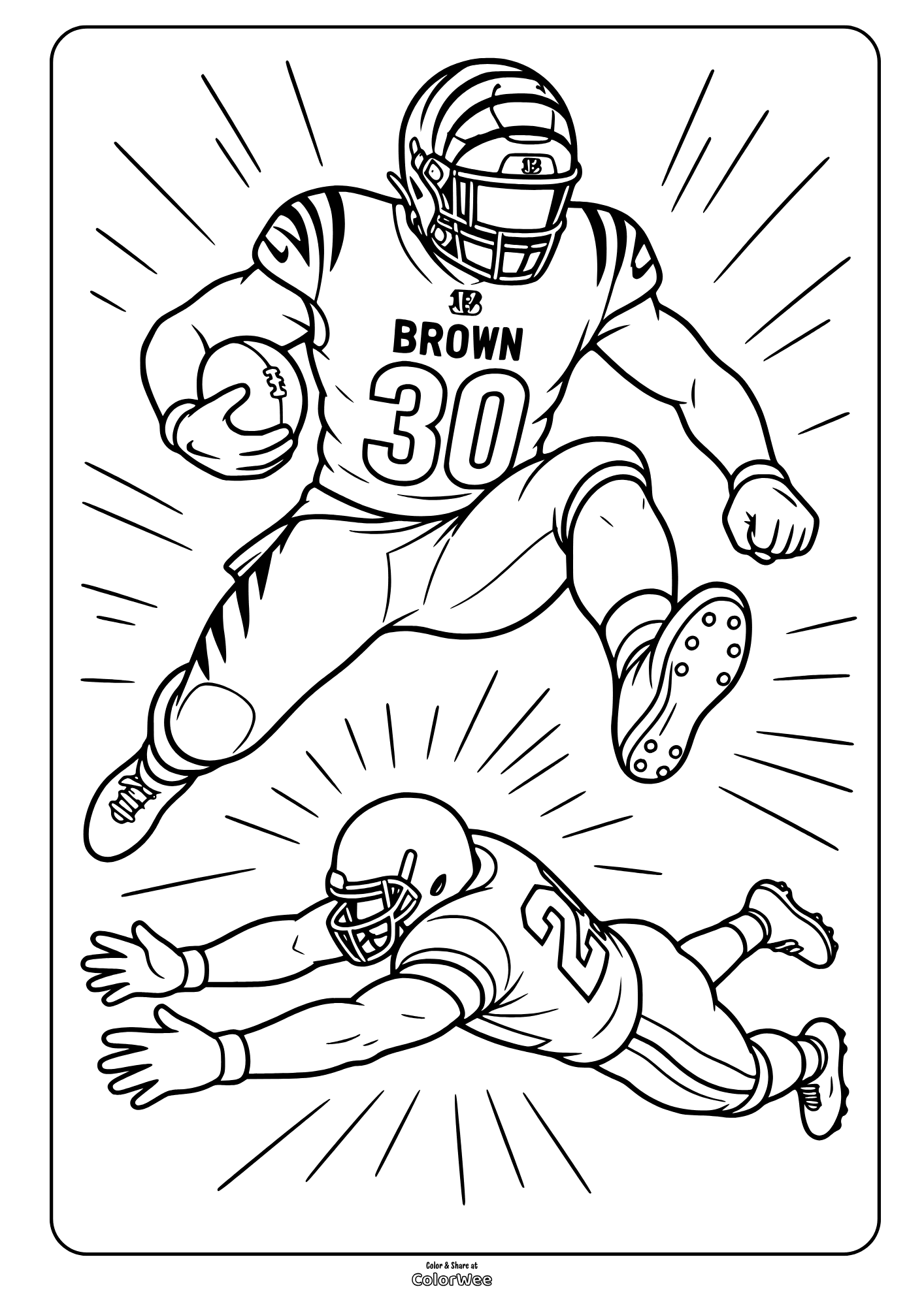 Football player Chase Brown from Cincinnati Bengals hurdling tackler coloring sheet for kids and sports fans