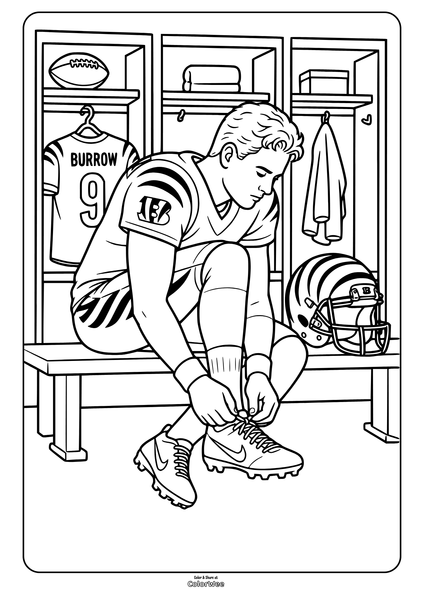 Football locker room coloring sheet: Joe Burrown from Cincinnati Bengals tying cleats, helmet nearby