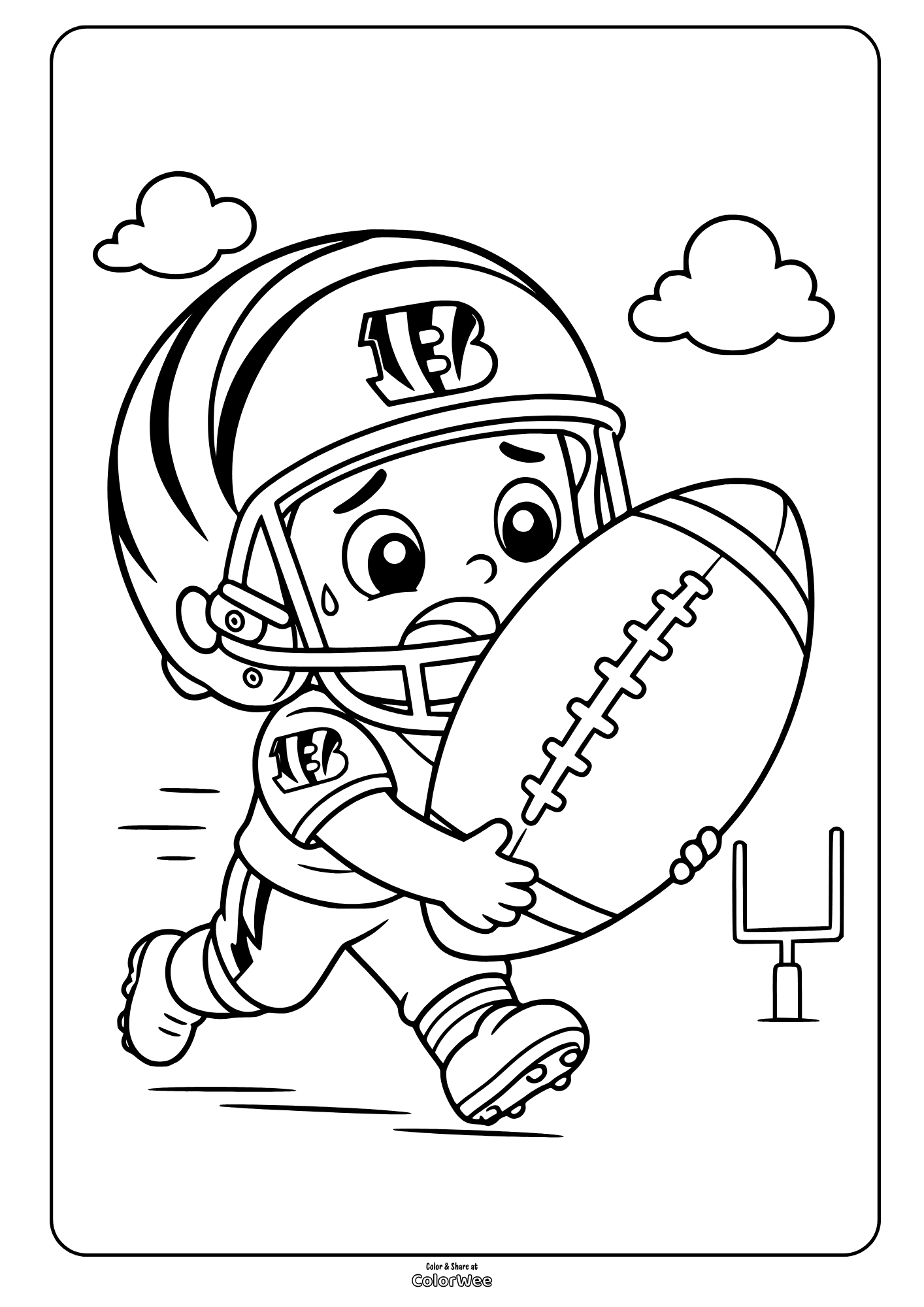 Cute Cincinnati Bengals football player running with ball and goalpost coloring sheet