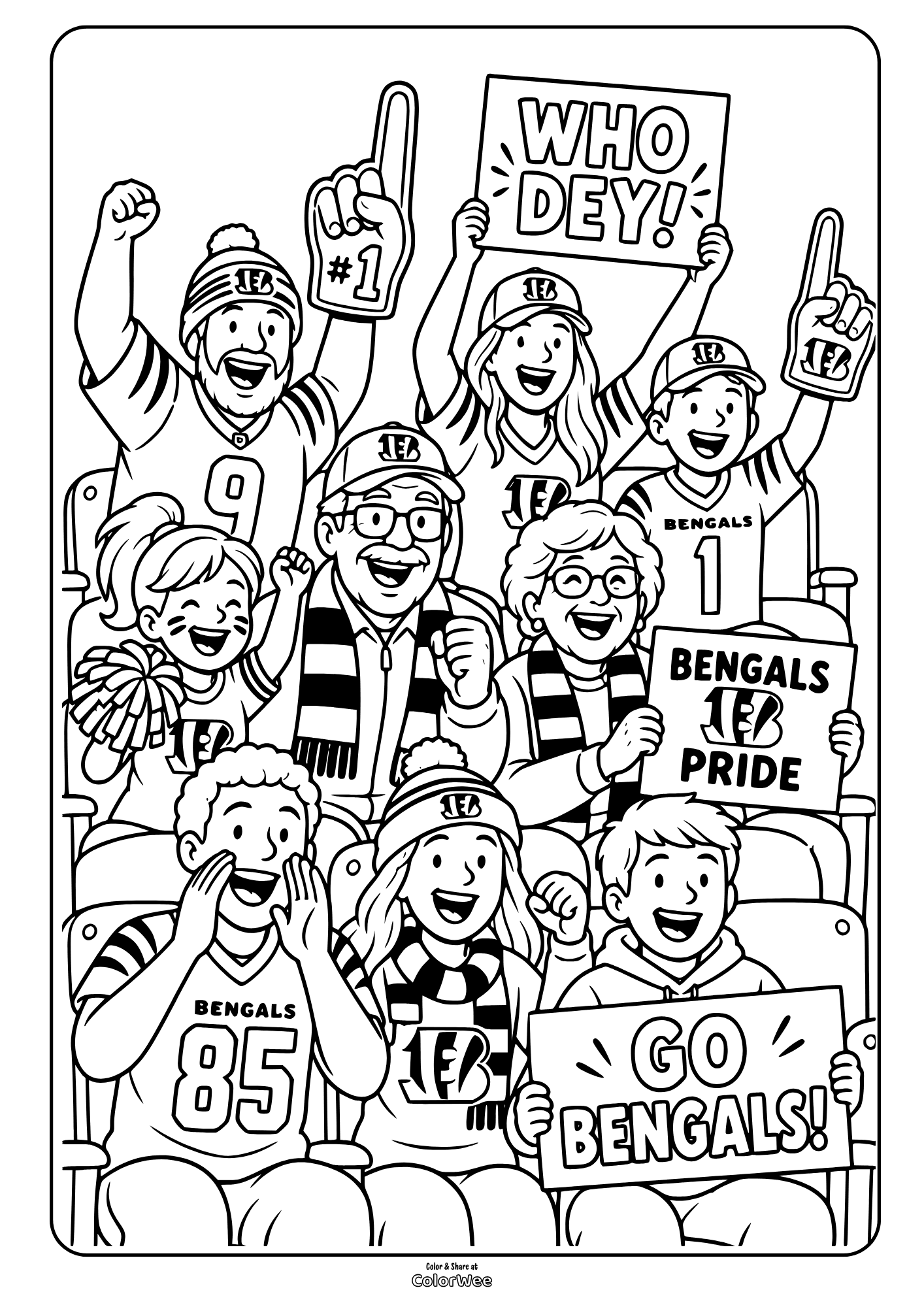 Cincinnati Bengals fans cheering at game coloring sheet with signs and foam fingers