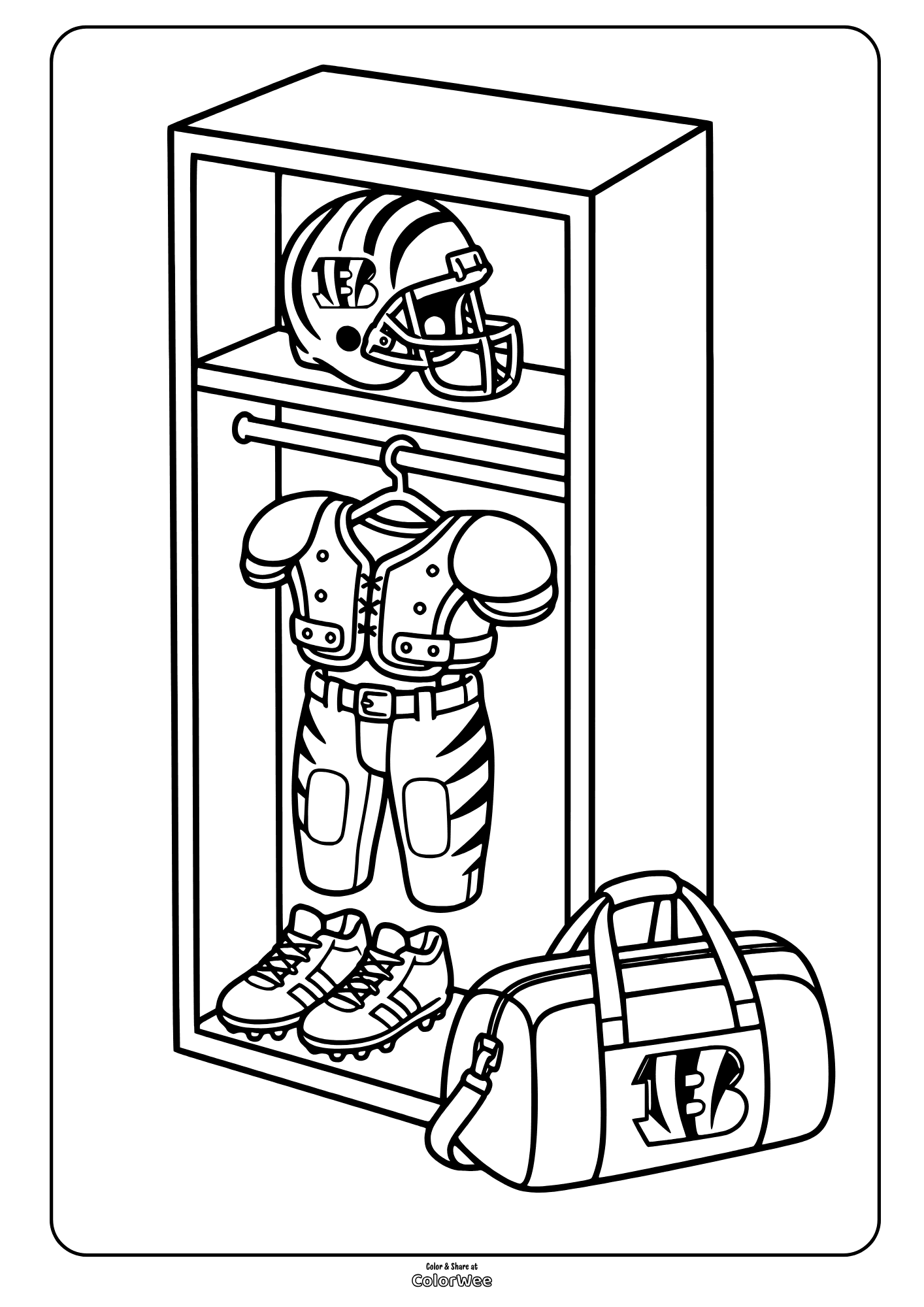 Football locker gear coloring sheet with helmet, pads, cleats and bag