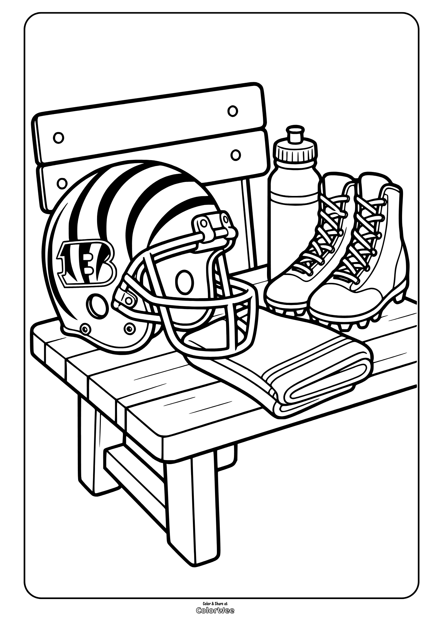 Cincinnati Bengals football gear on bench coloring sheet: helmet, cleats, bottle, towel