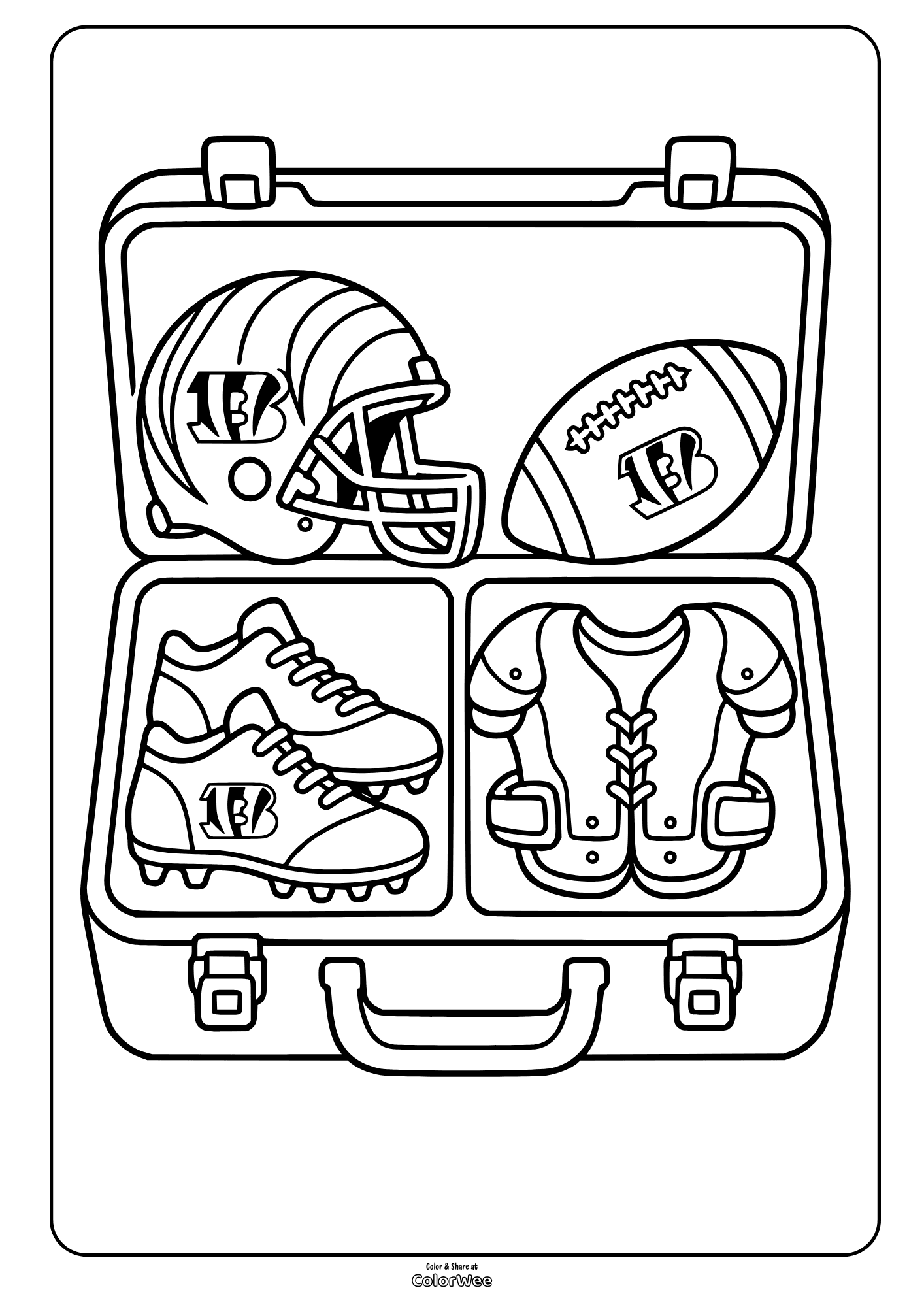 Cincinnati Bengals football gear in suitcase coloring sheet: helmet, ball, cleats, pads