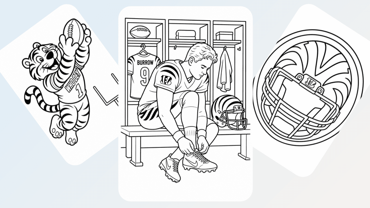 Cincinnati Bengals coloring pages collection: mascot, players and helmets.
