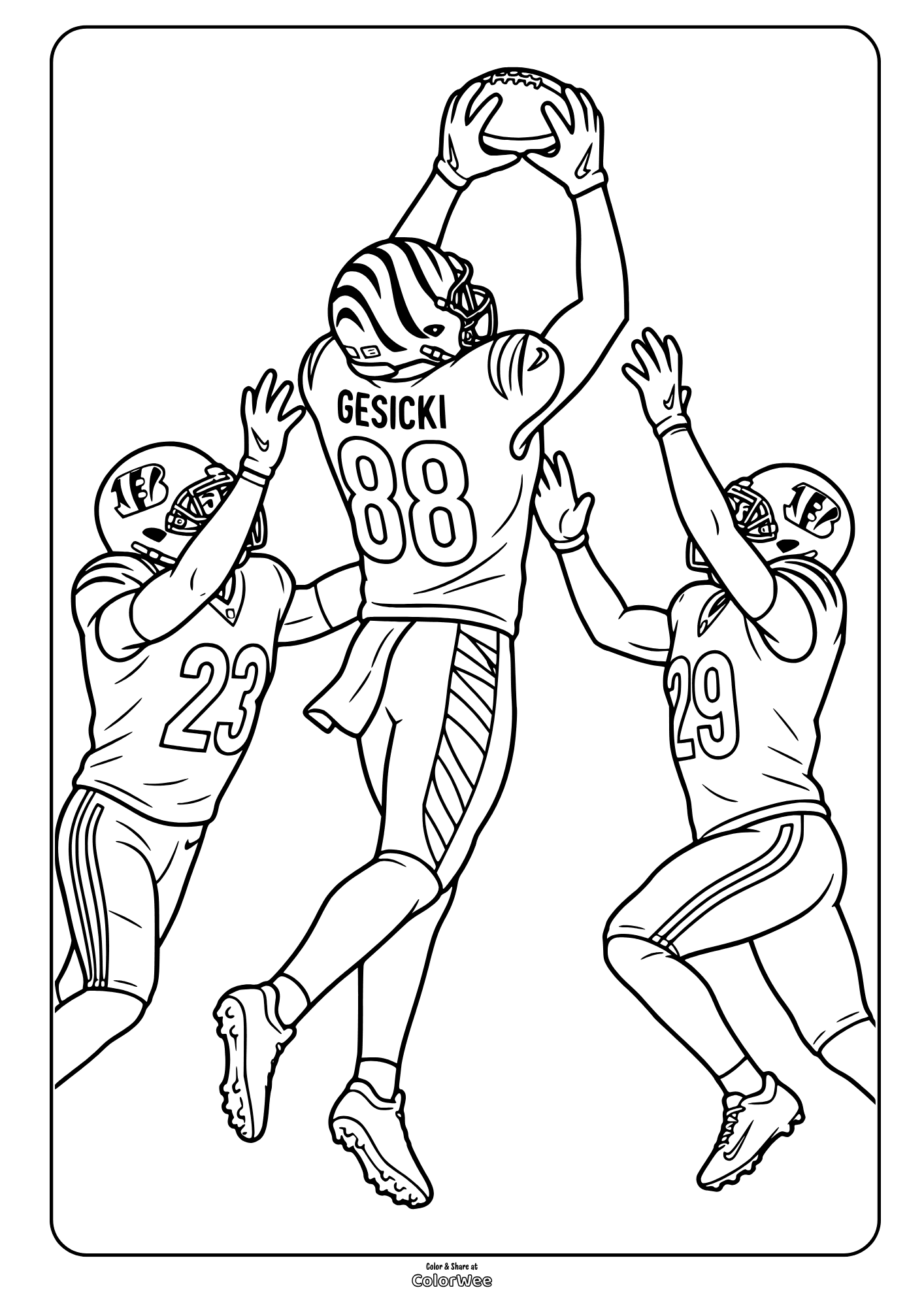Football catch with receiver leaping between two defenders. Gesicki coloring page