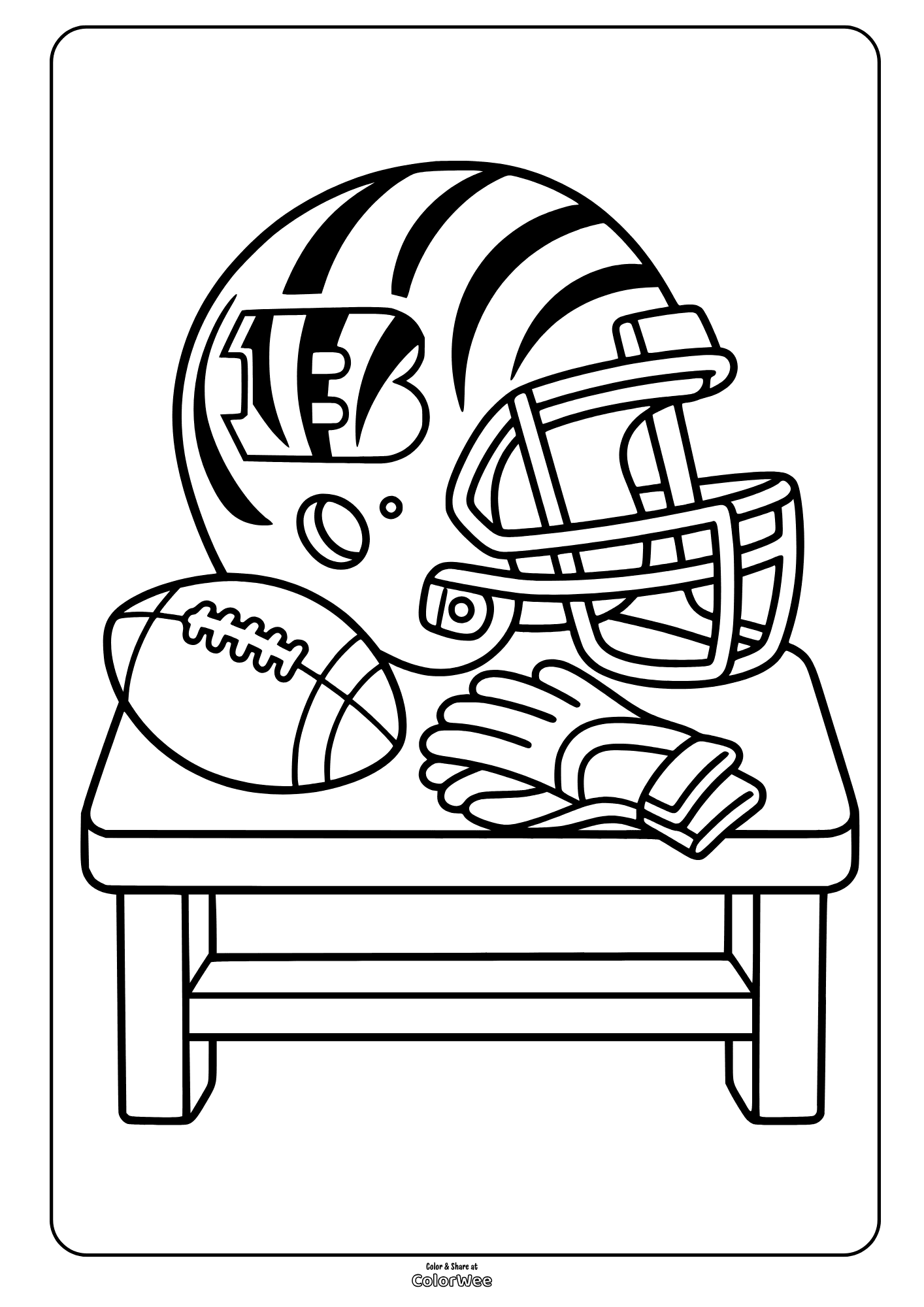 Printable Cincinnati Bengals football helmet, ball and gloves on bench coloring sheet