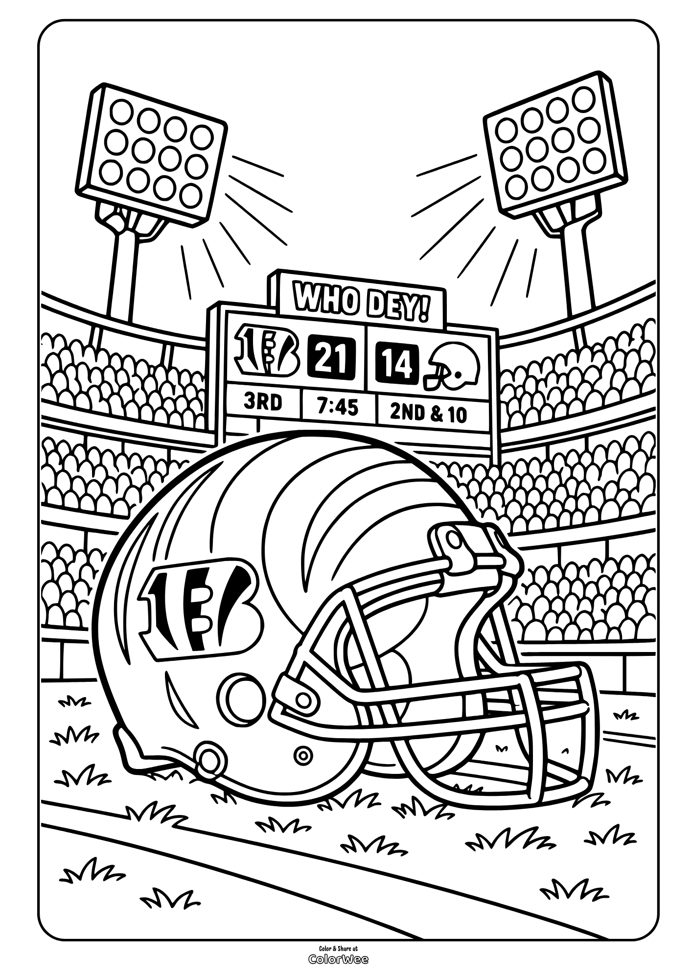 Coloring sheet: Bengals football helmet in stadium with scoreboard