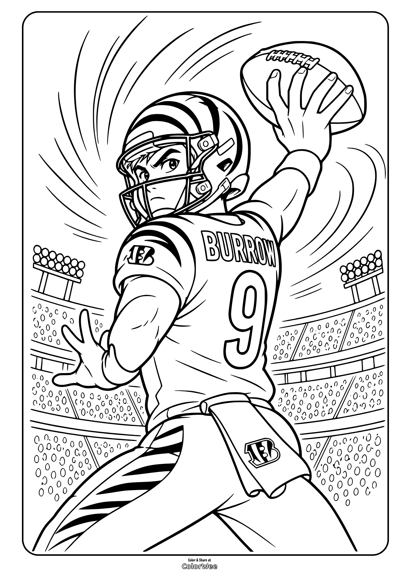 Burrow throwing pass coloring sheet for kids and adults