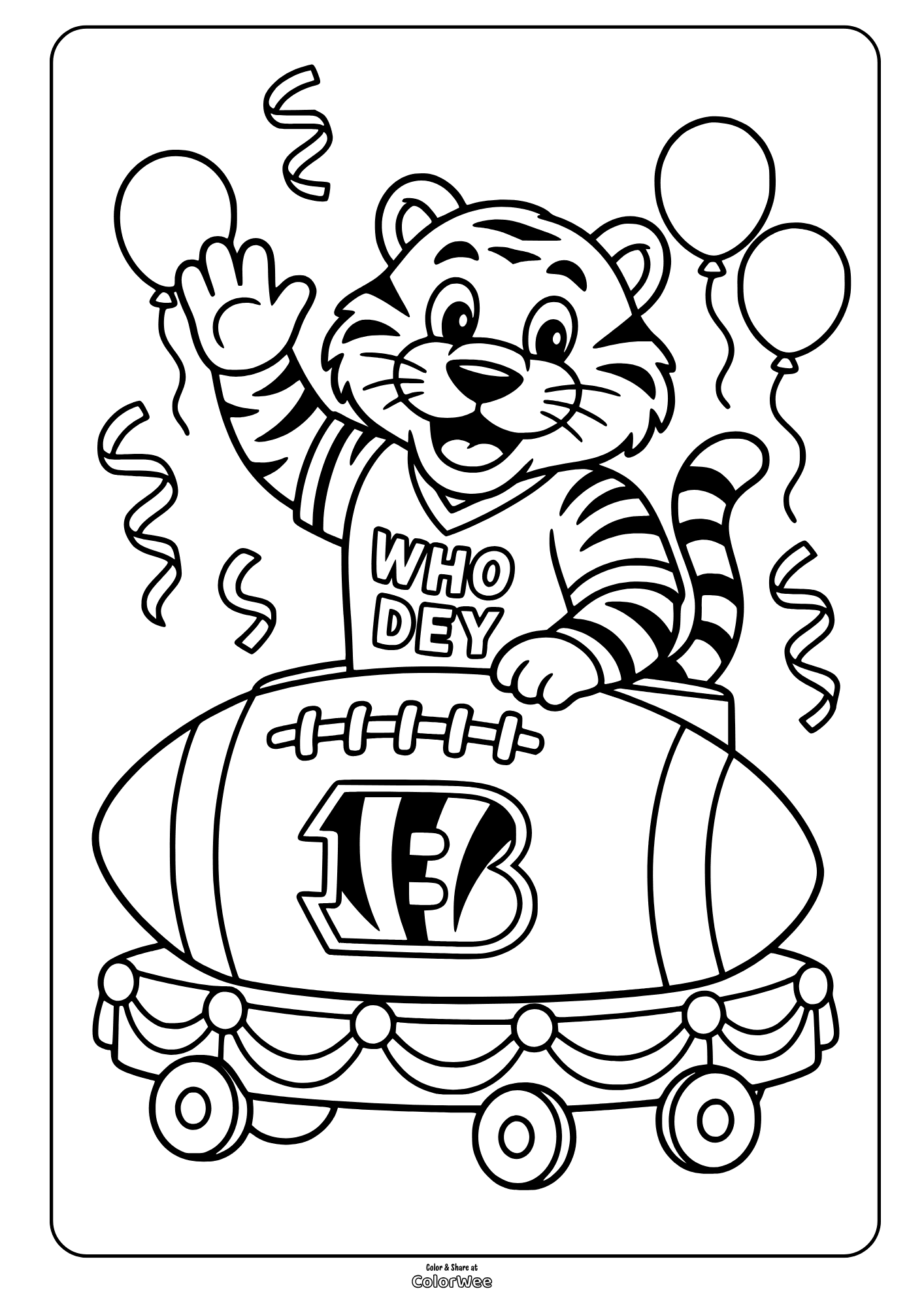Tiger mascot Who Dey on football parade float with balloons coloring sheet