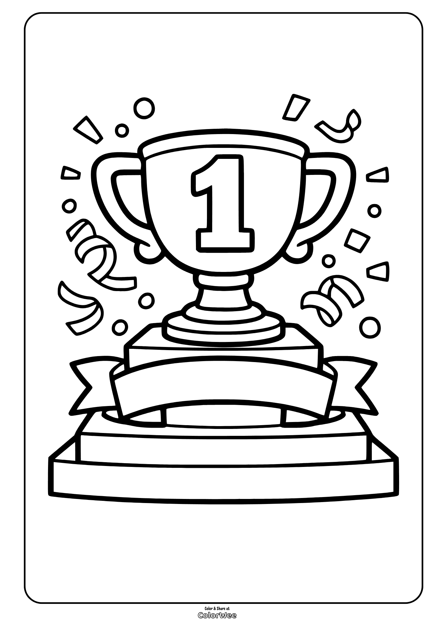 Printable number 1 trophy coloring sheet with podium and confetti