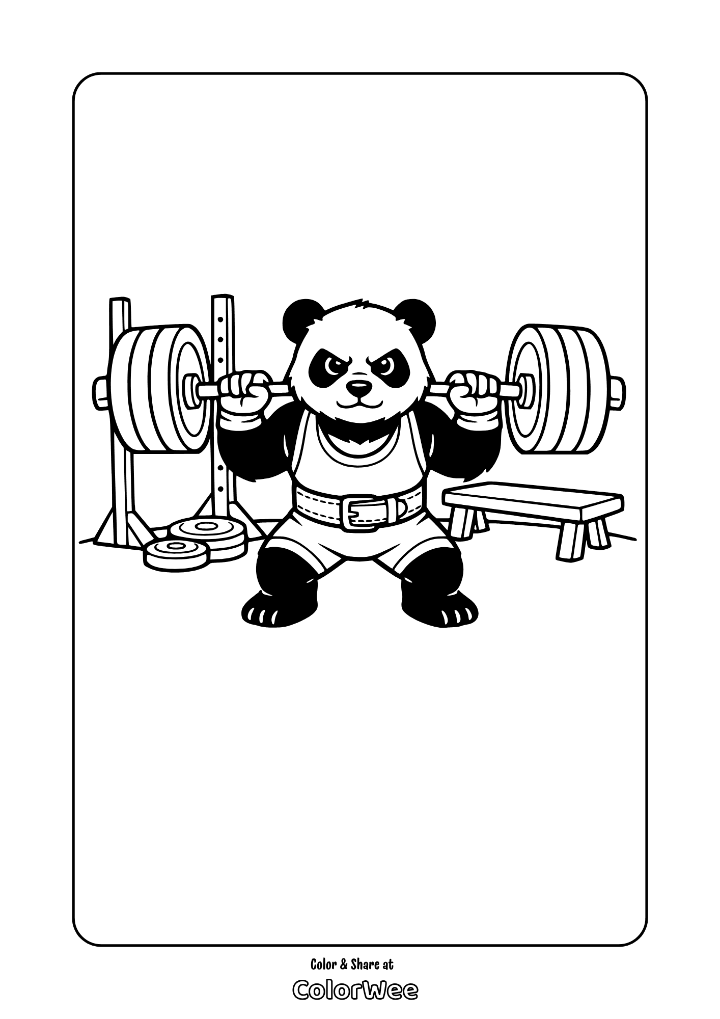 Panda lifting barbell at gym coloring page free.