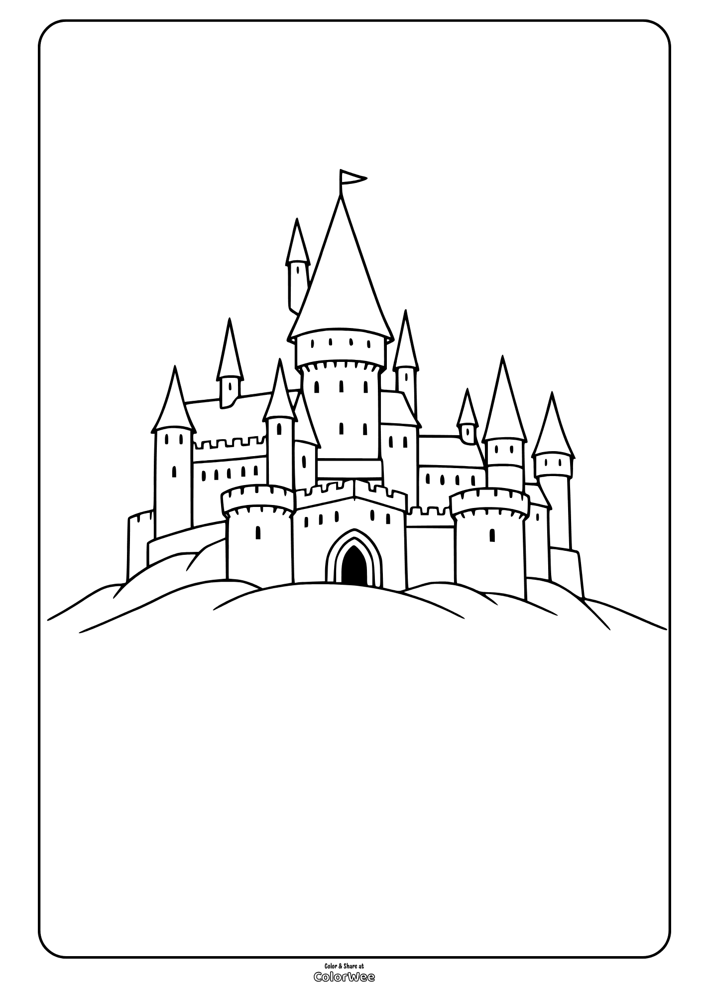 Hogwarts castle on a hill coloring page with towers and turrets