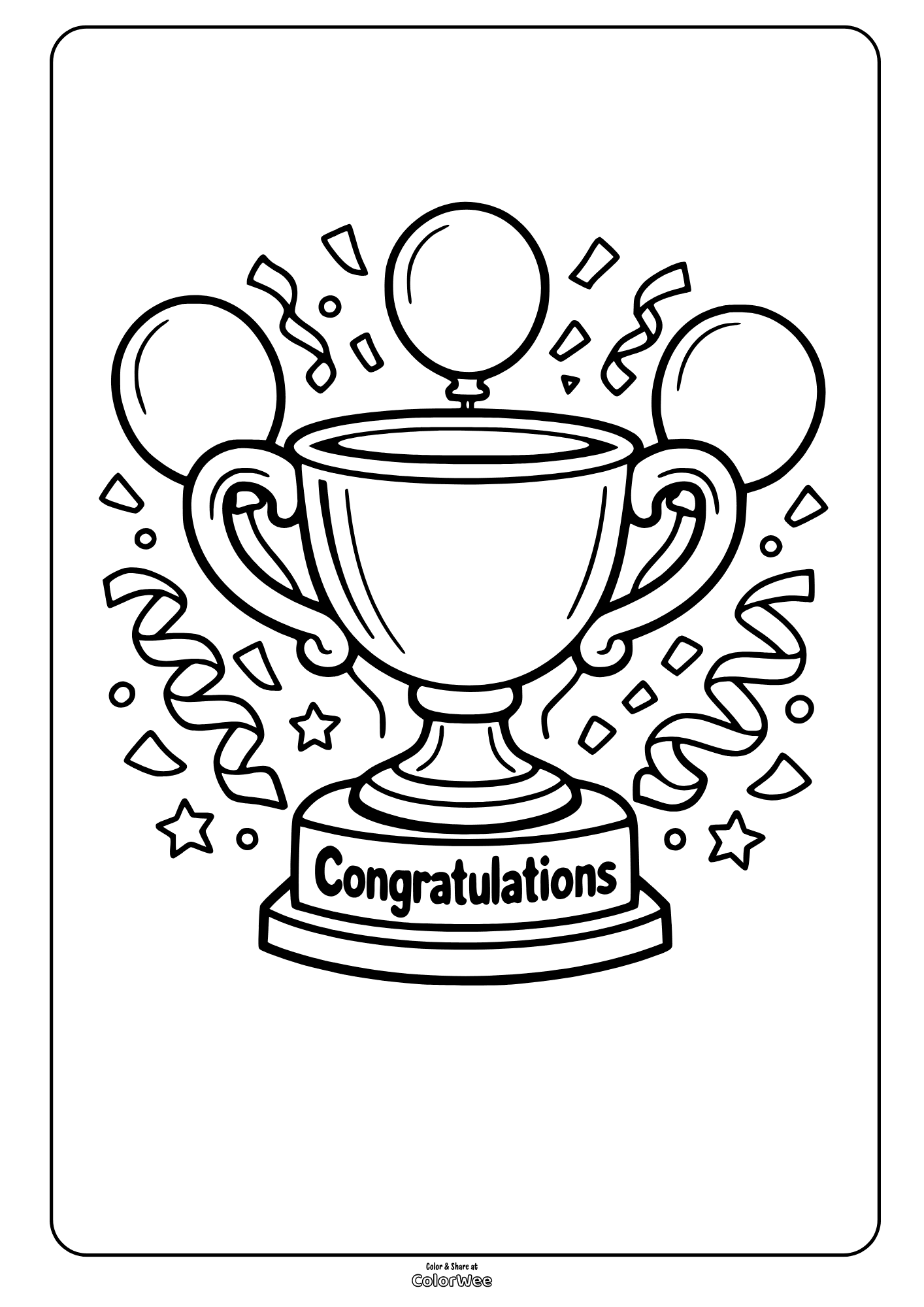 Congratulations trophy coloring sheet with balloons and confetti