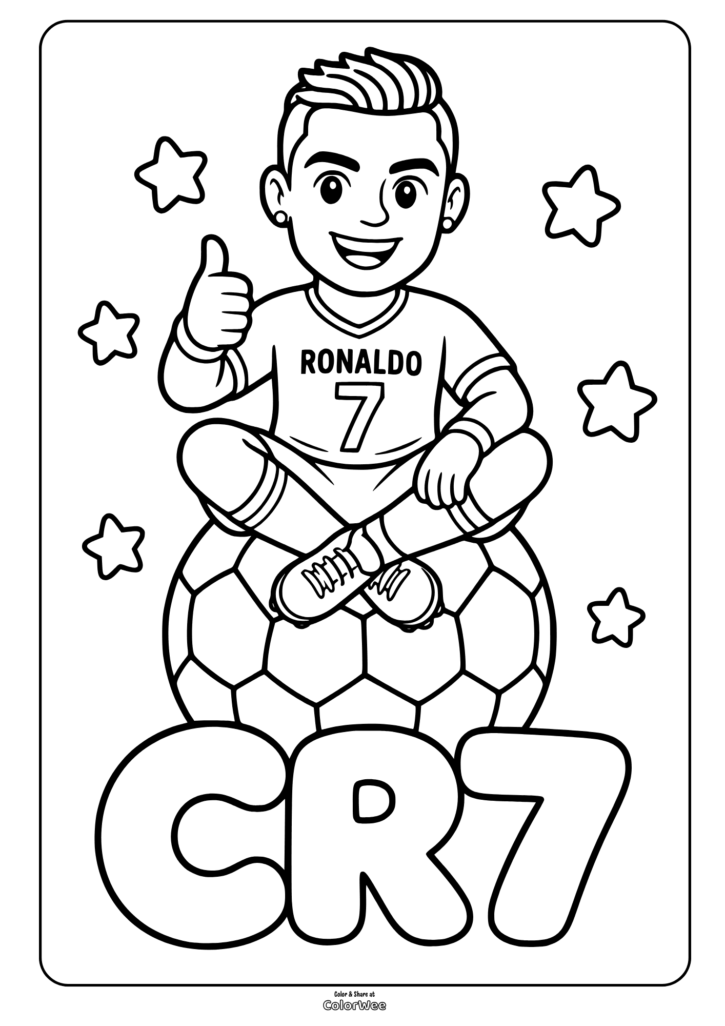 Cristiano Ronaldo CR7 coloring sheet with soccer ball, stars, and thumbs up