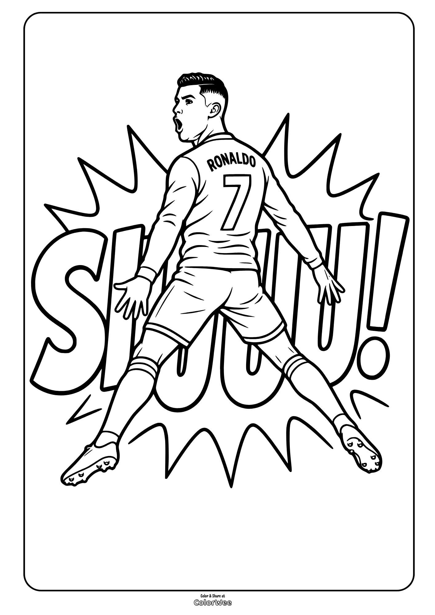 Cristiano Ronaldo coloring page wearing a number 7 soccer jersey. Siuuu printable