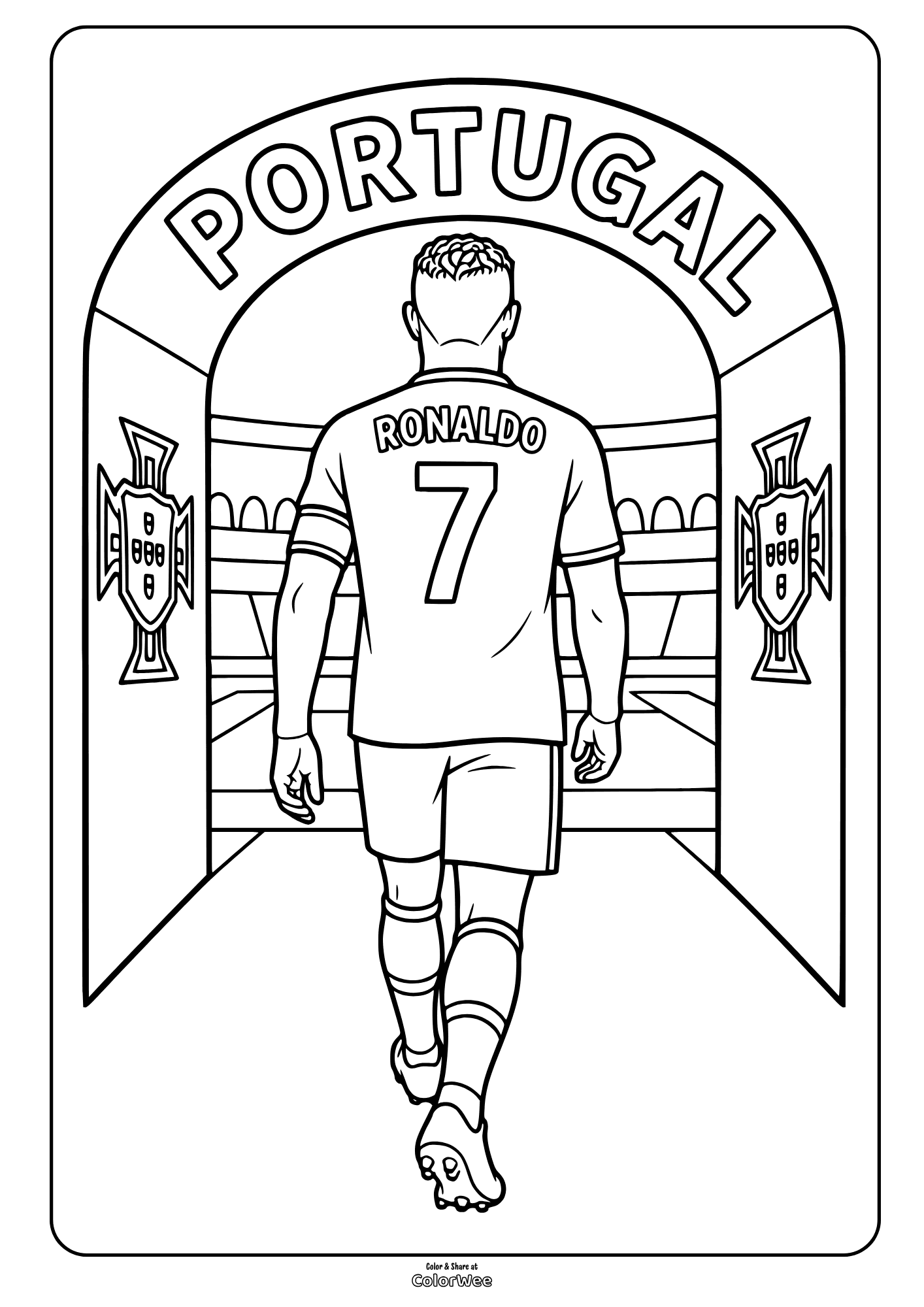Cristiano Ronaldo coloring sheet in a Portugal jersey, seen from behind