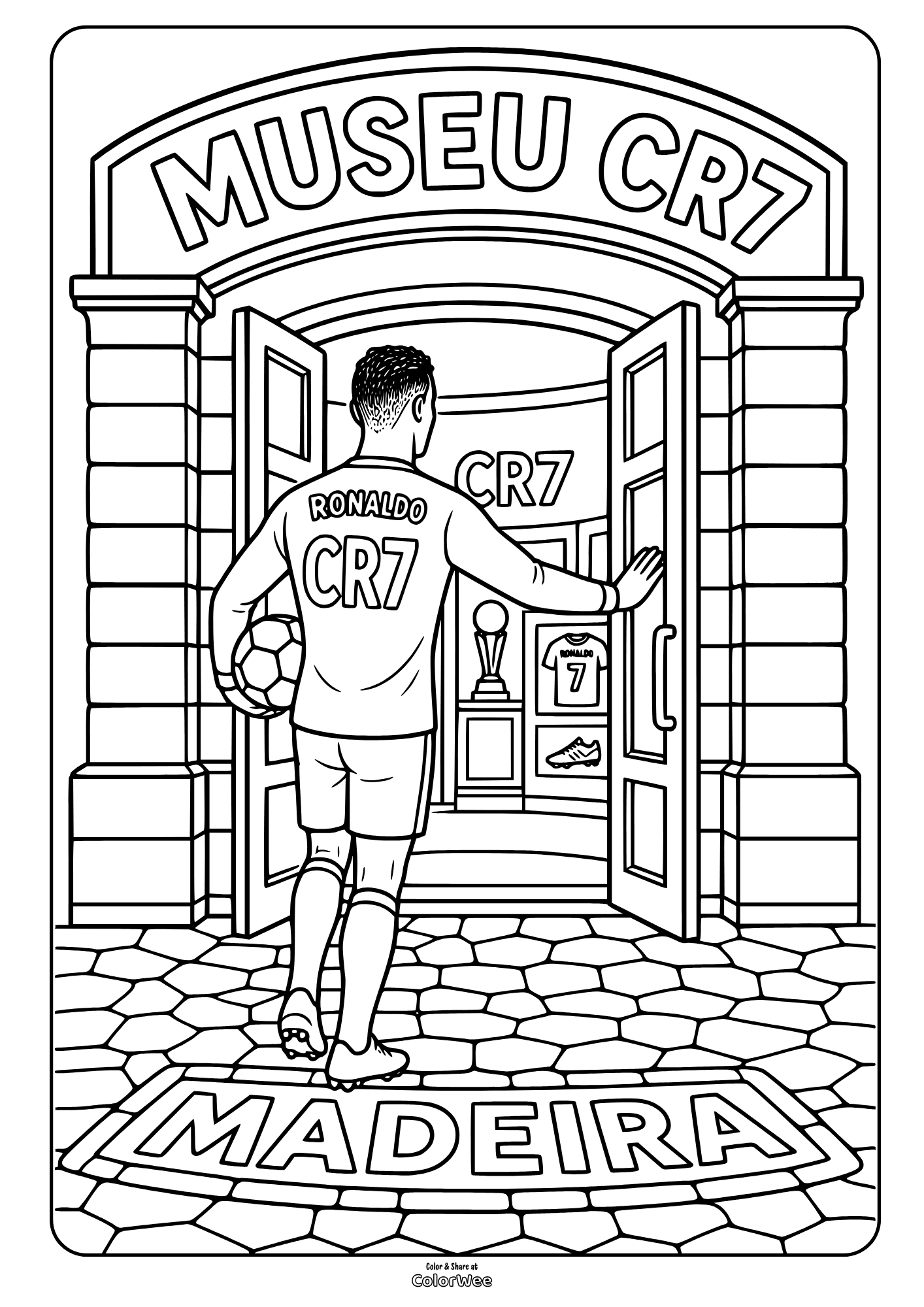 Cristiano Ronaldo CR7 Museum coloring sheet with a soccer ball