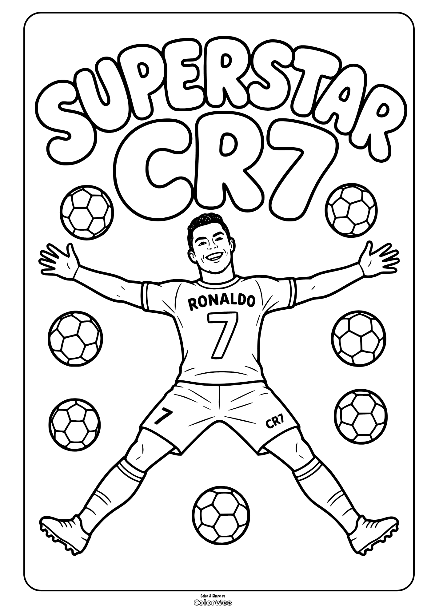 Minimalist Cristiano Ronaldo coloring sheet, bold CR7 outline