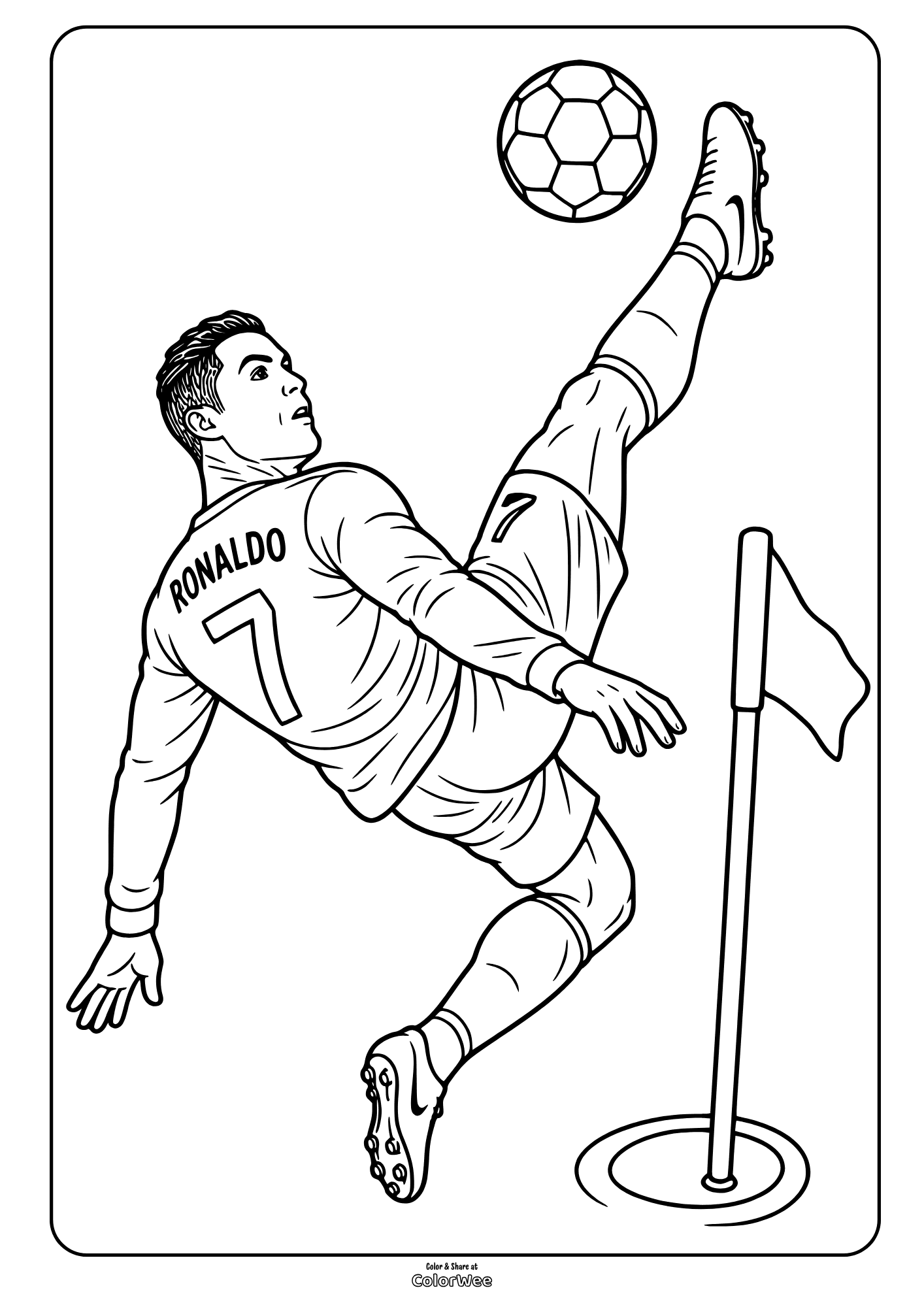 Cristiano Ronaldo bicycle kick soccer coloring sheet with ball