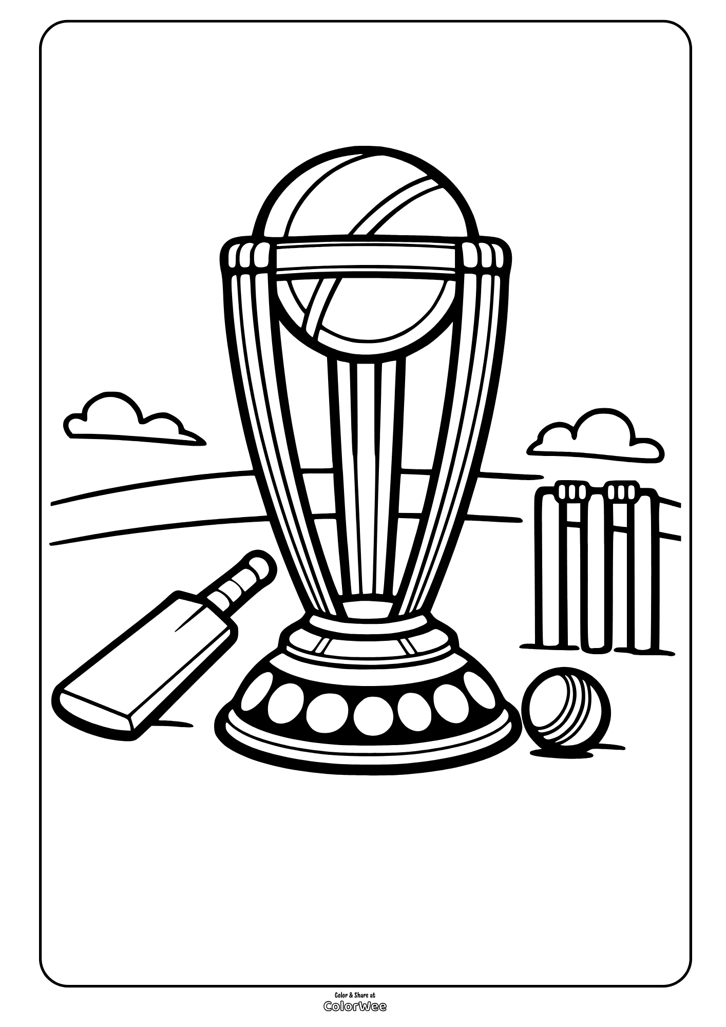 Cricket World Cup trophy, bat and ball coloring sheet for kids