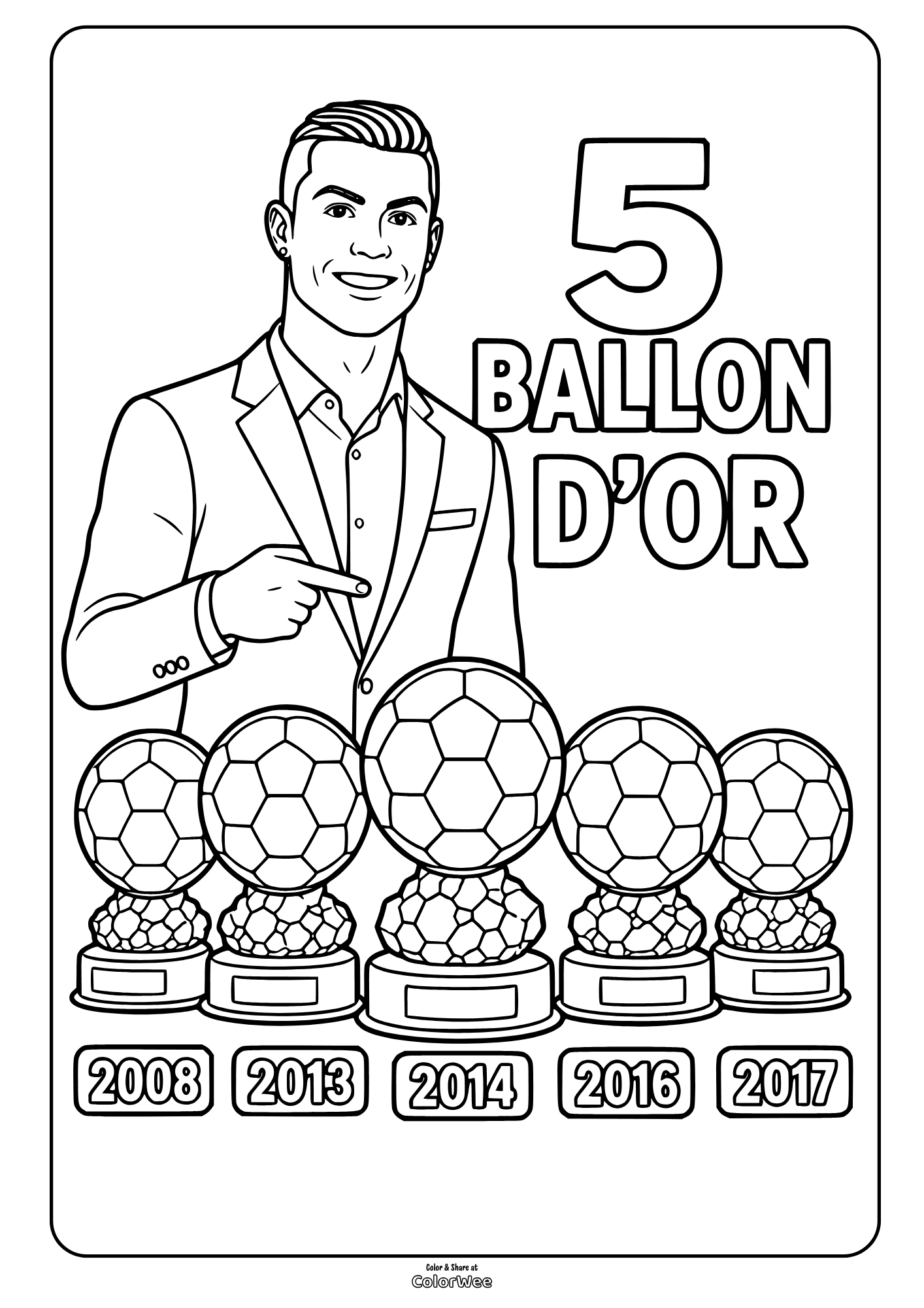 Cristiano Ronaldo coloring page with five Ballon d’Or trophies
