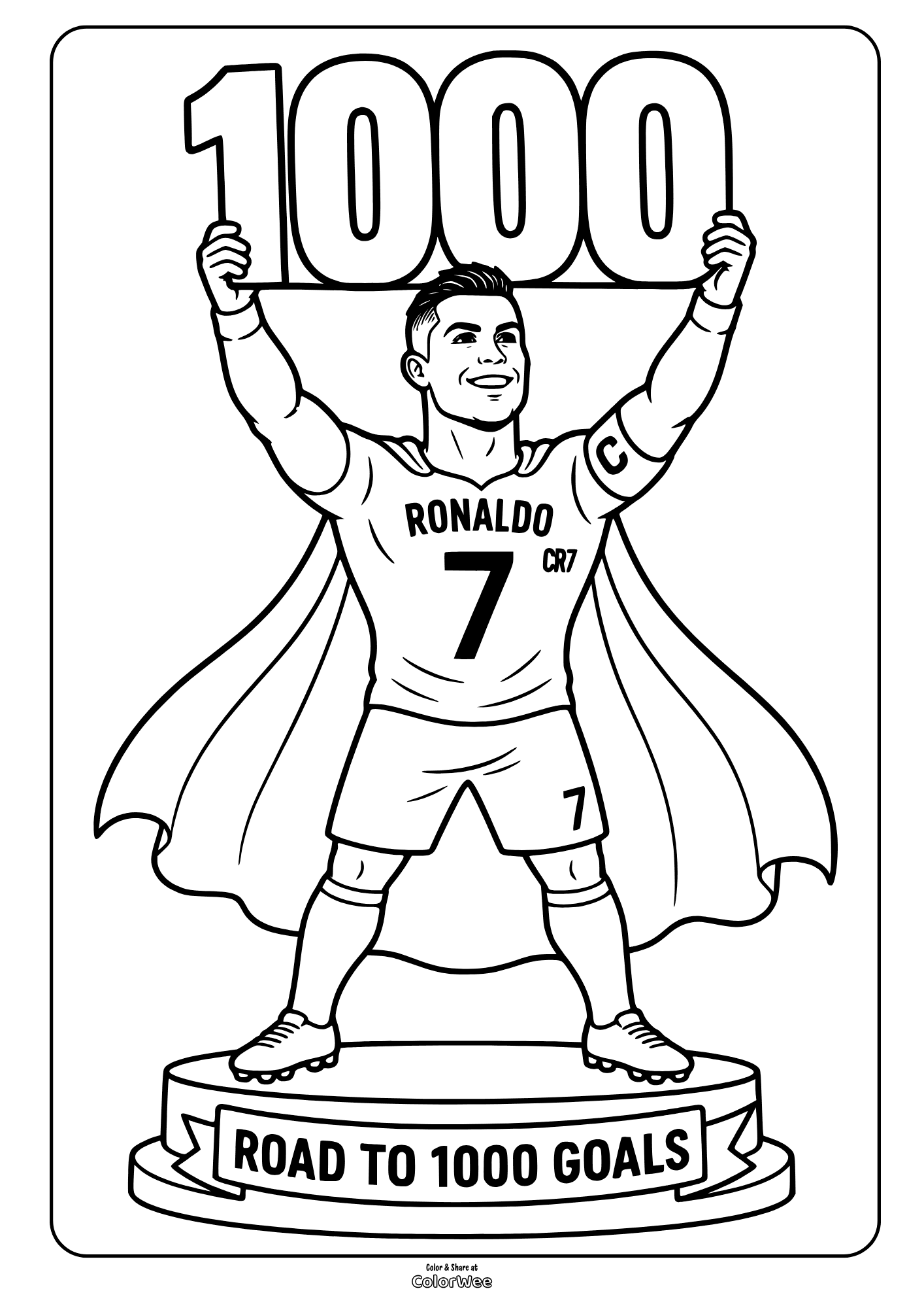 Cristiano Ronaldo coloring sheet in CR7 jersey holding a 1,000-goal sign