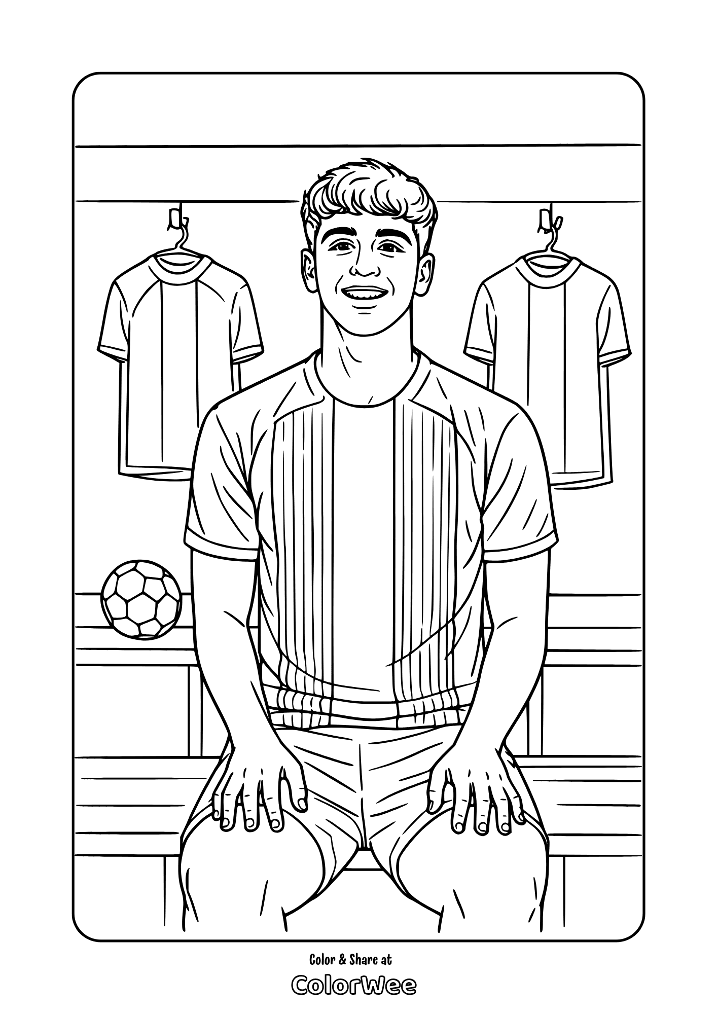 Pau Cubarsi in locker room coloring page with jerseys and ball