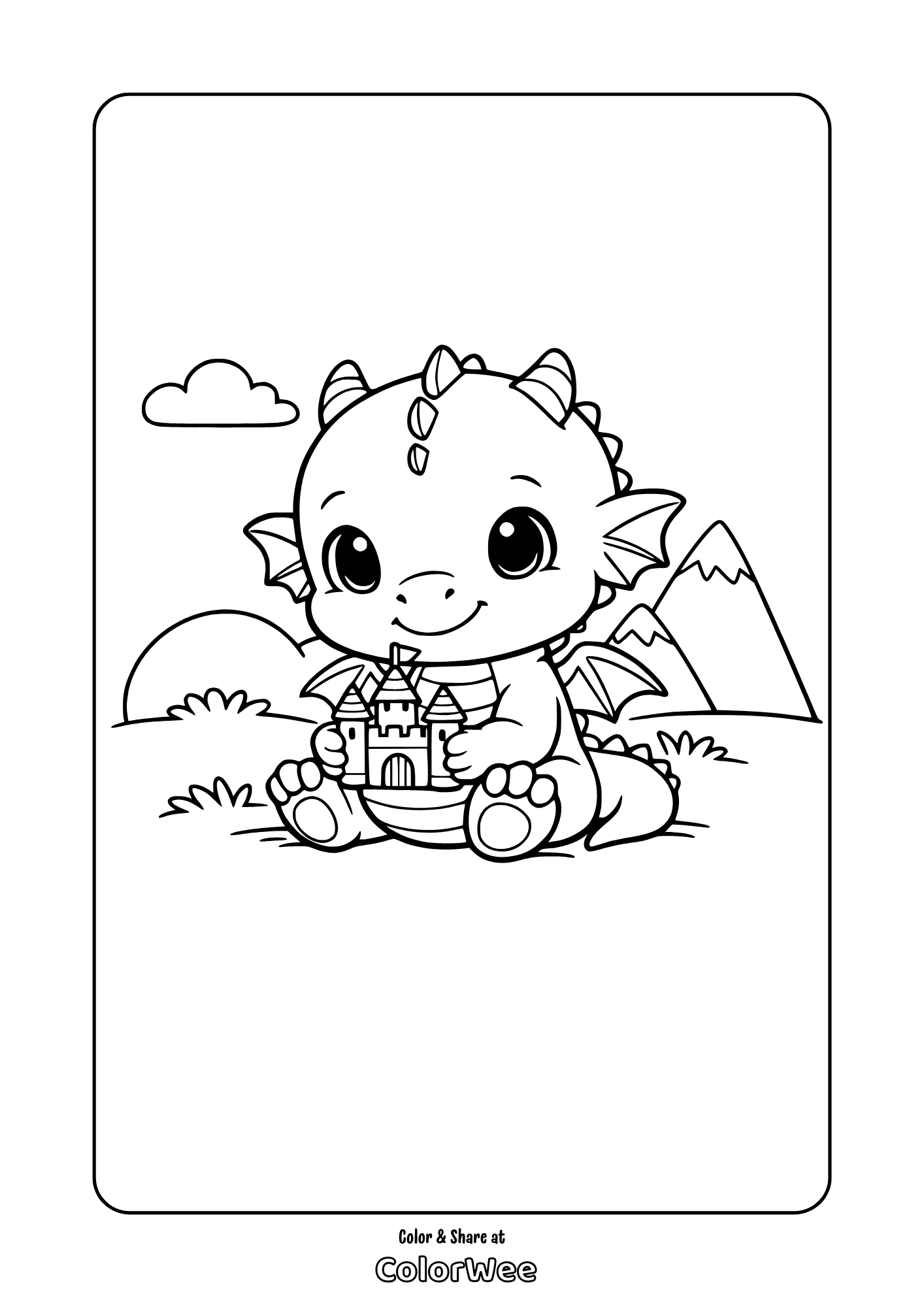 Cute baby dragon holding a castle printable coloring page for kids
