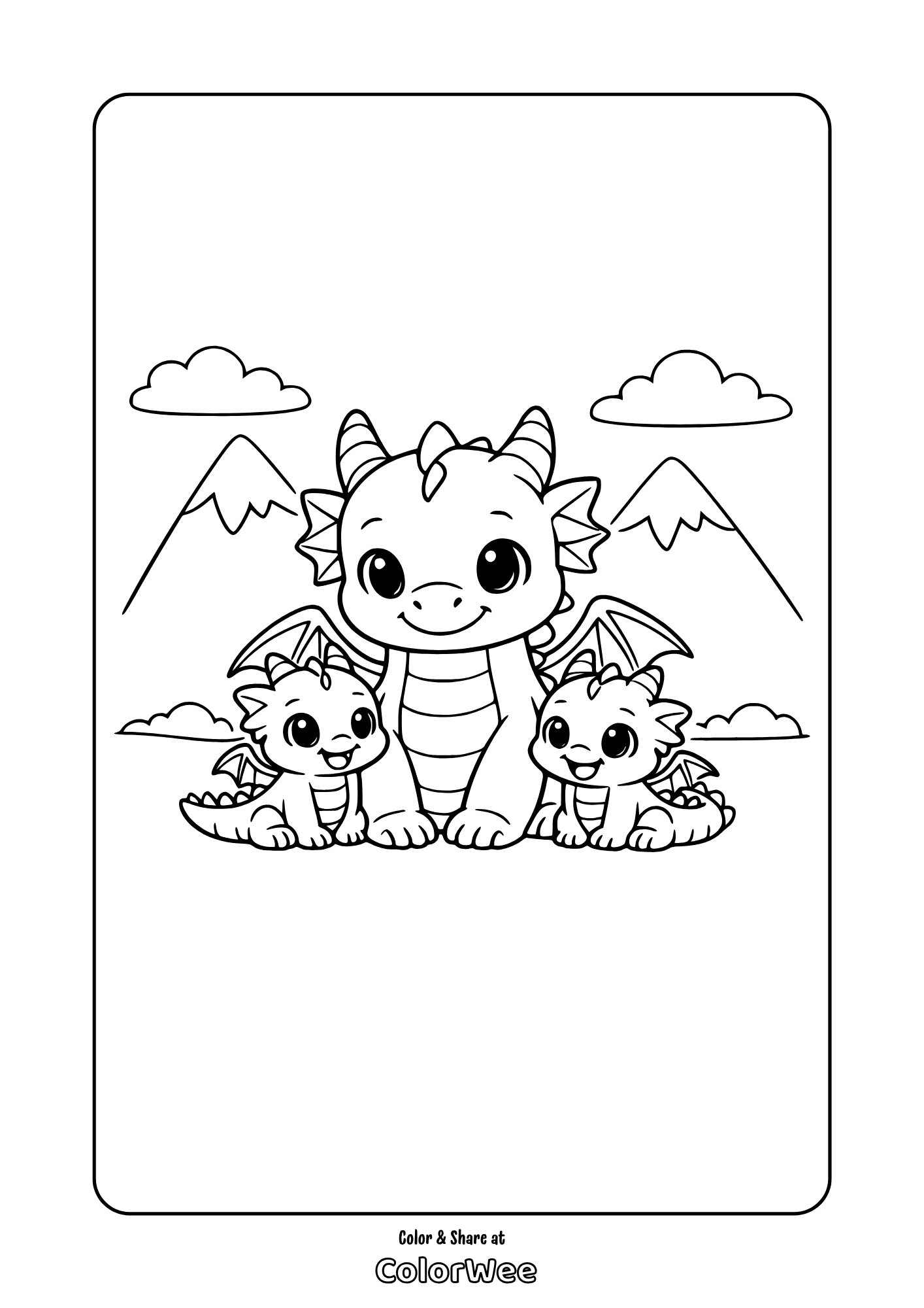 Cute baby dragon family in mountains coloring page for kids