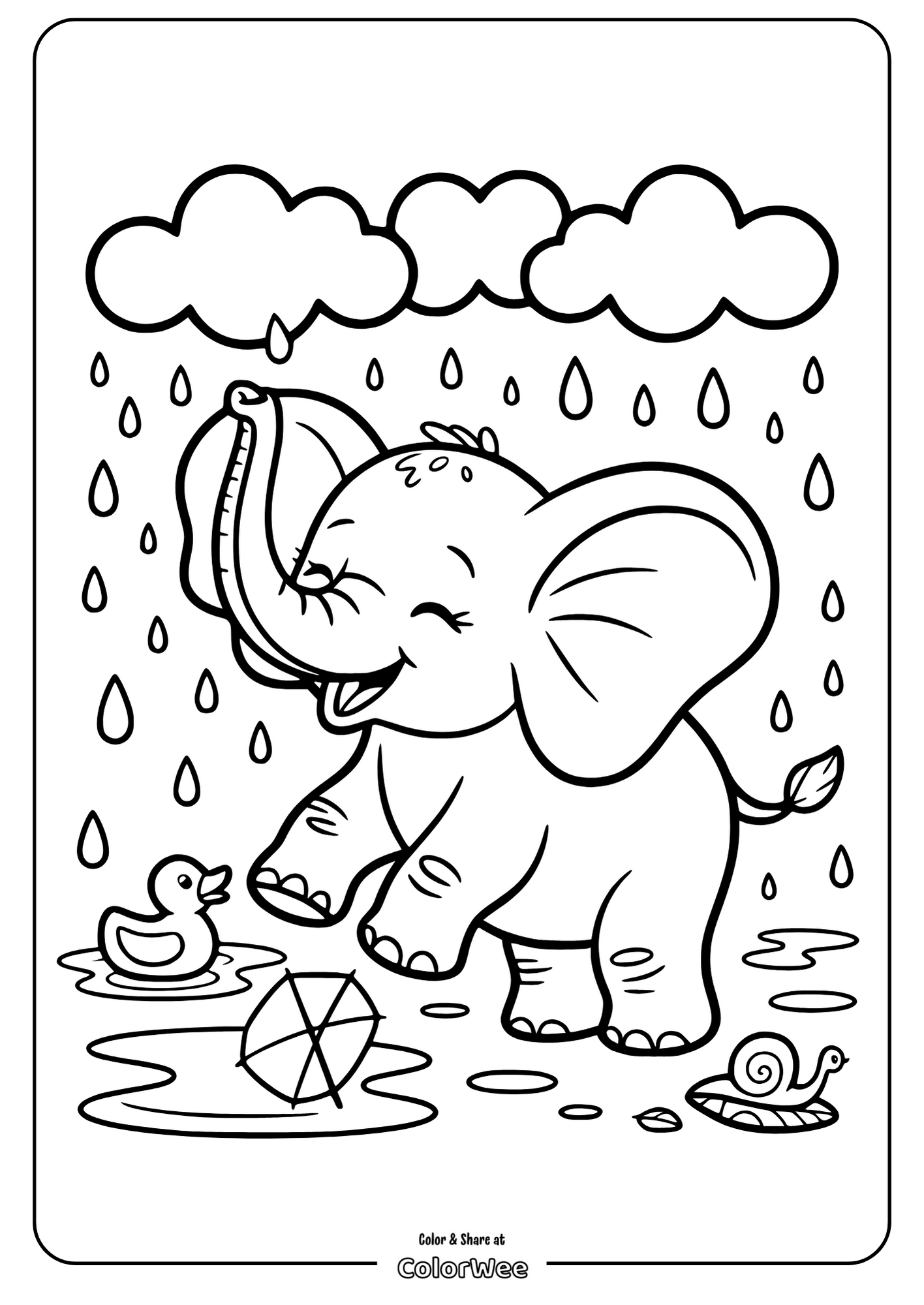 Happy elephant in rain coloring page with duck and snail.