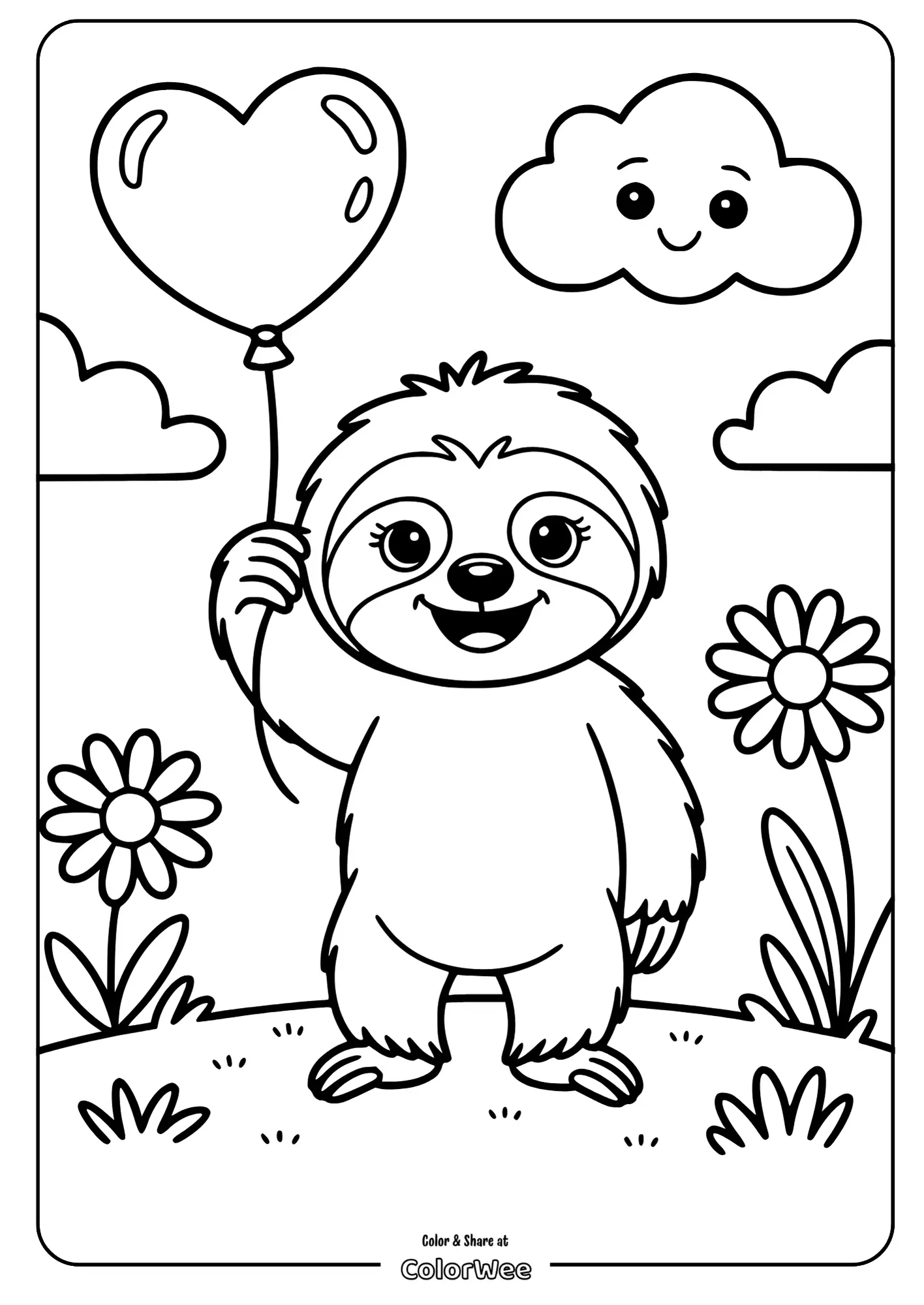 Charming sloth with heart balloon and smiling clouds coloring page.