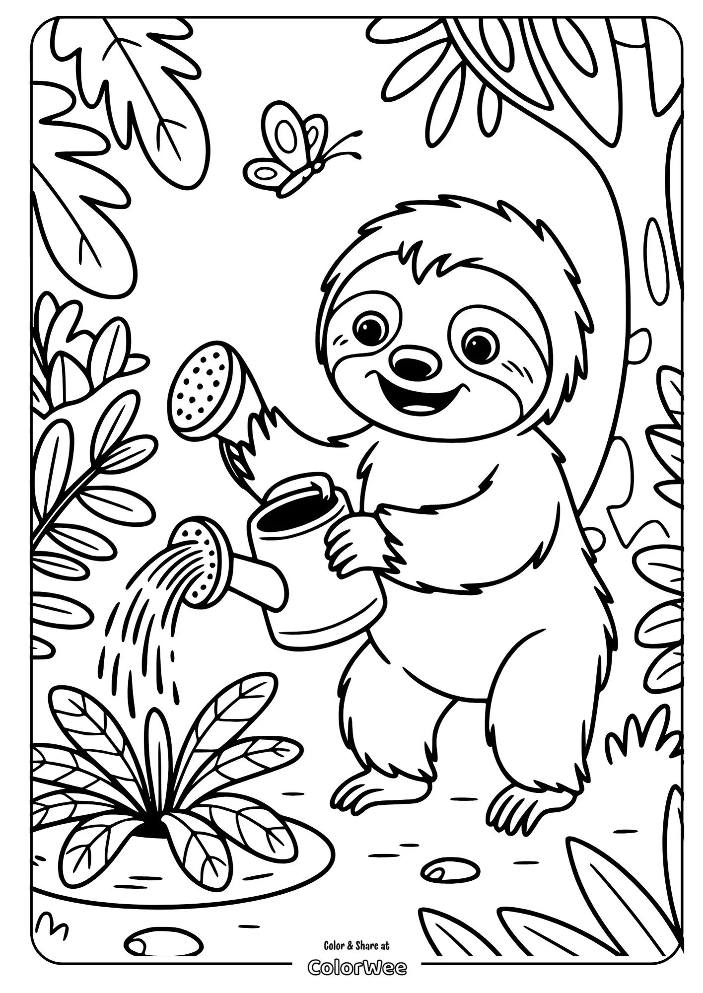 Sloth watering plants coloring page with butterfly.