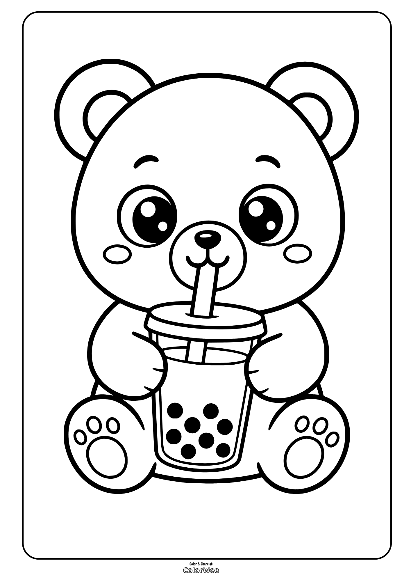 Printable cute bear drinking boba tea coloring sheet for kids