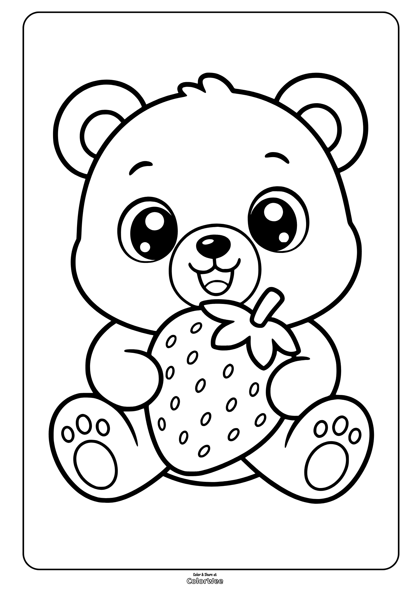 Cute teddy bear holding strawberry coloring sheet for kids