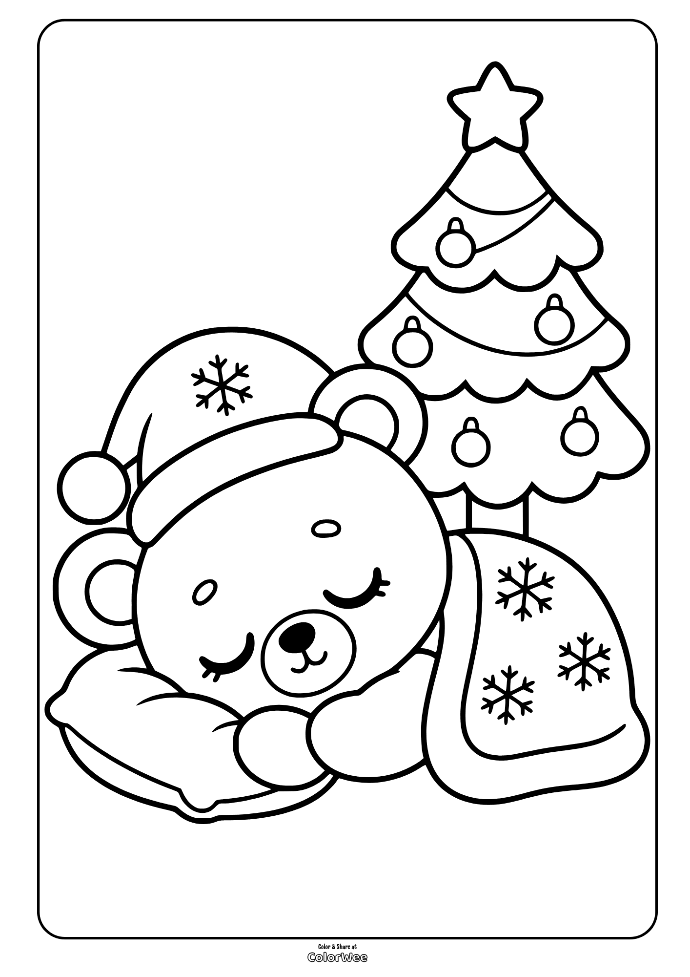 Cute Christmas bear sleeping by decorated tree coloring sheet