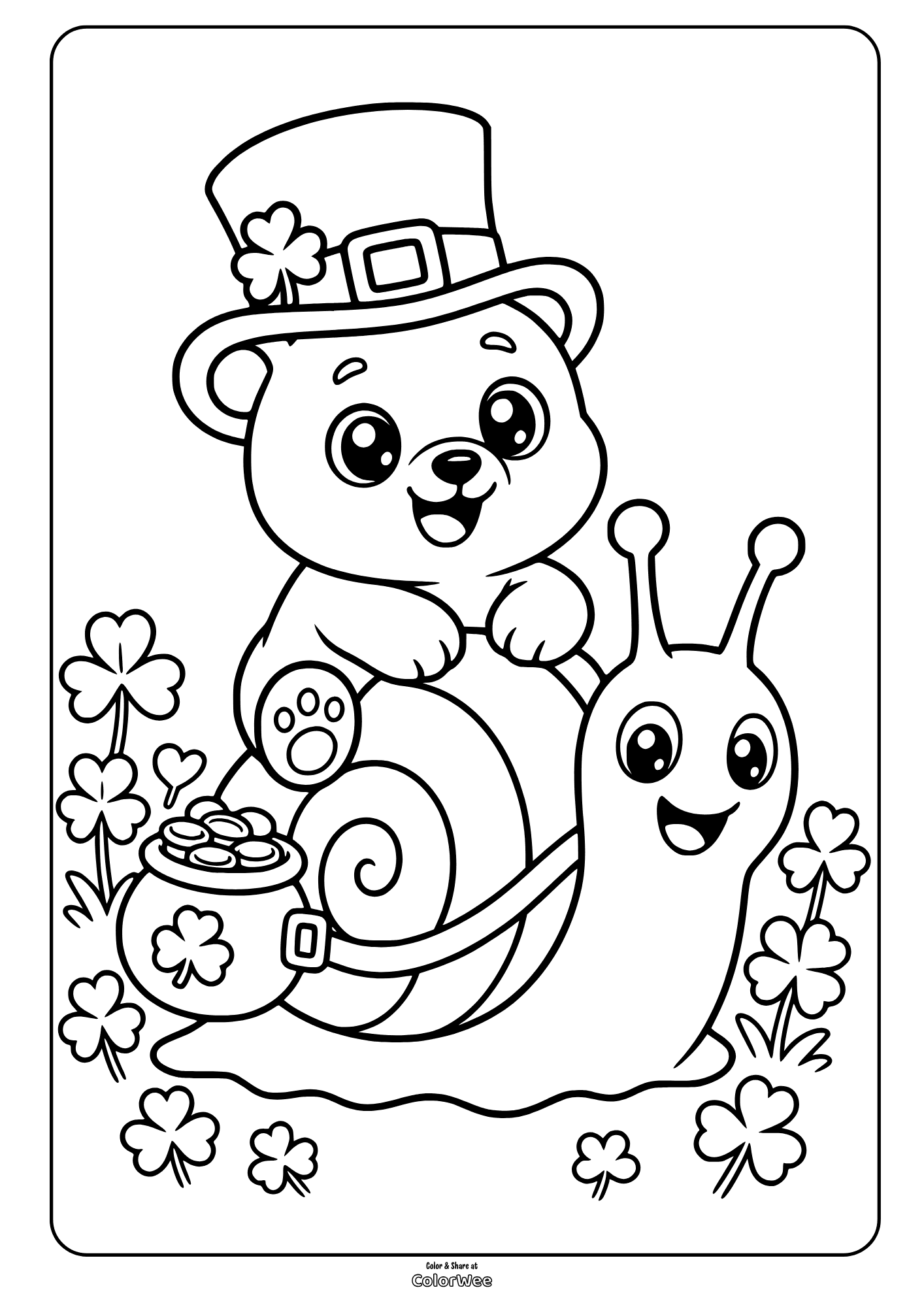 Cute leprechaun bear riding snail with shamrocks coloring sheet