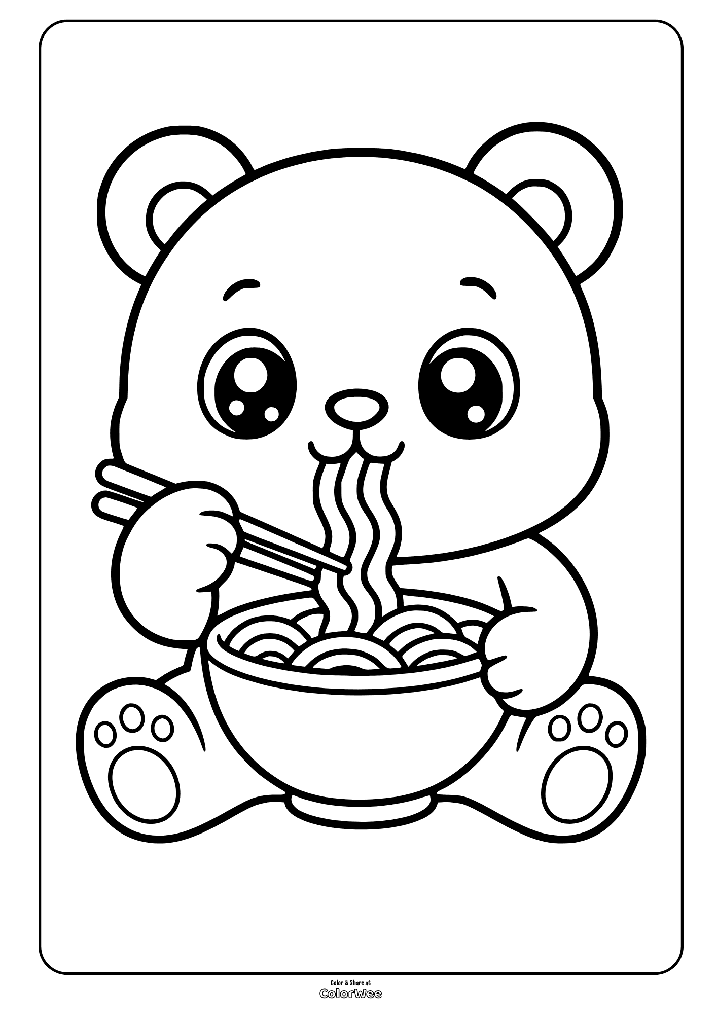 Cute bear eating ramen with chopsticks coloring sheet for kids