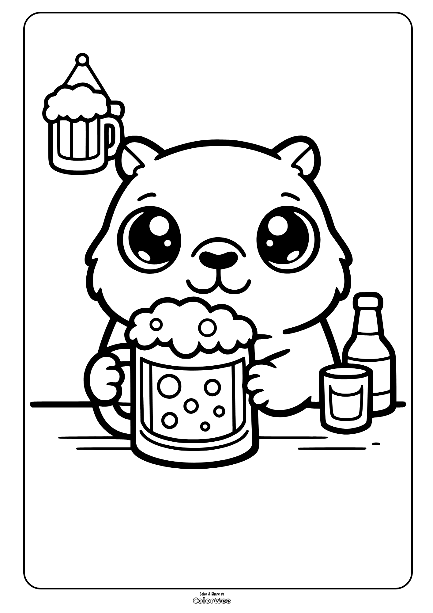 Cute kawaii capybara with frothy beer mug coloring sheet for kids and adults