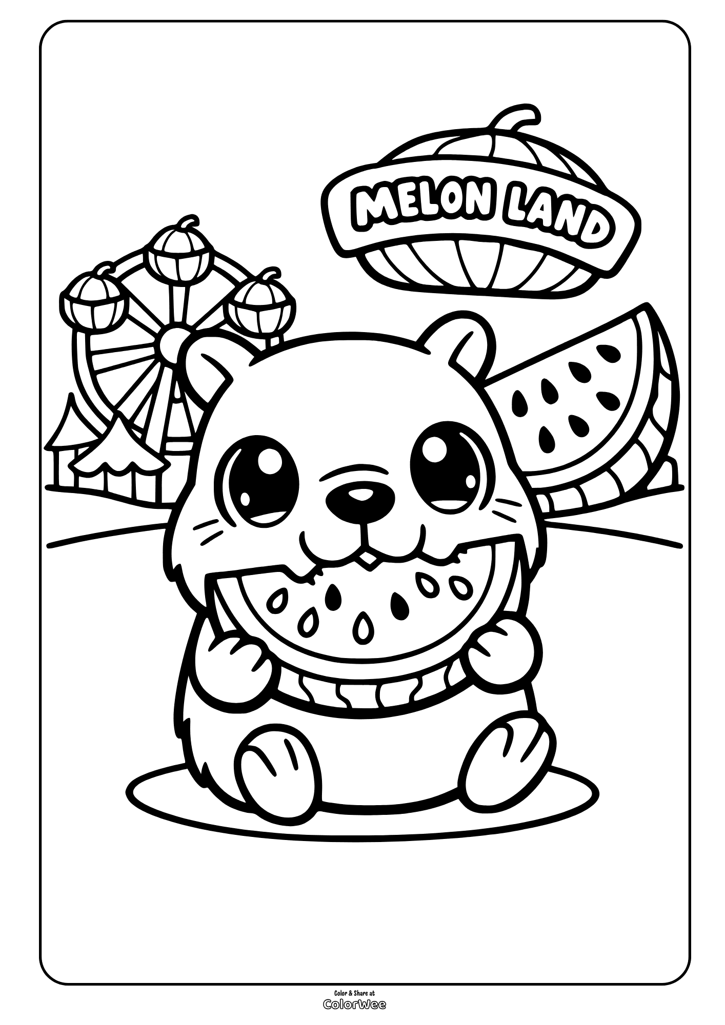 Capybara eating watermelon at fair with Ferris wheel coloring sheet