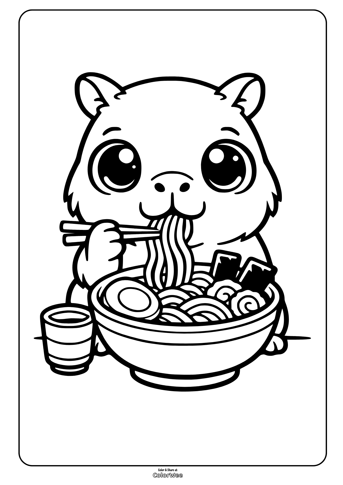 Capybara slurping ramen noodles coloring sheet for kids