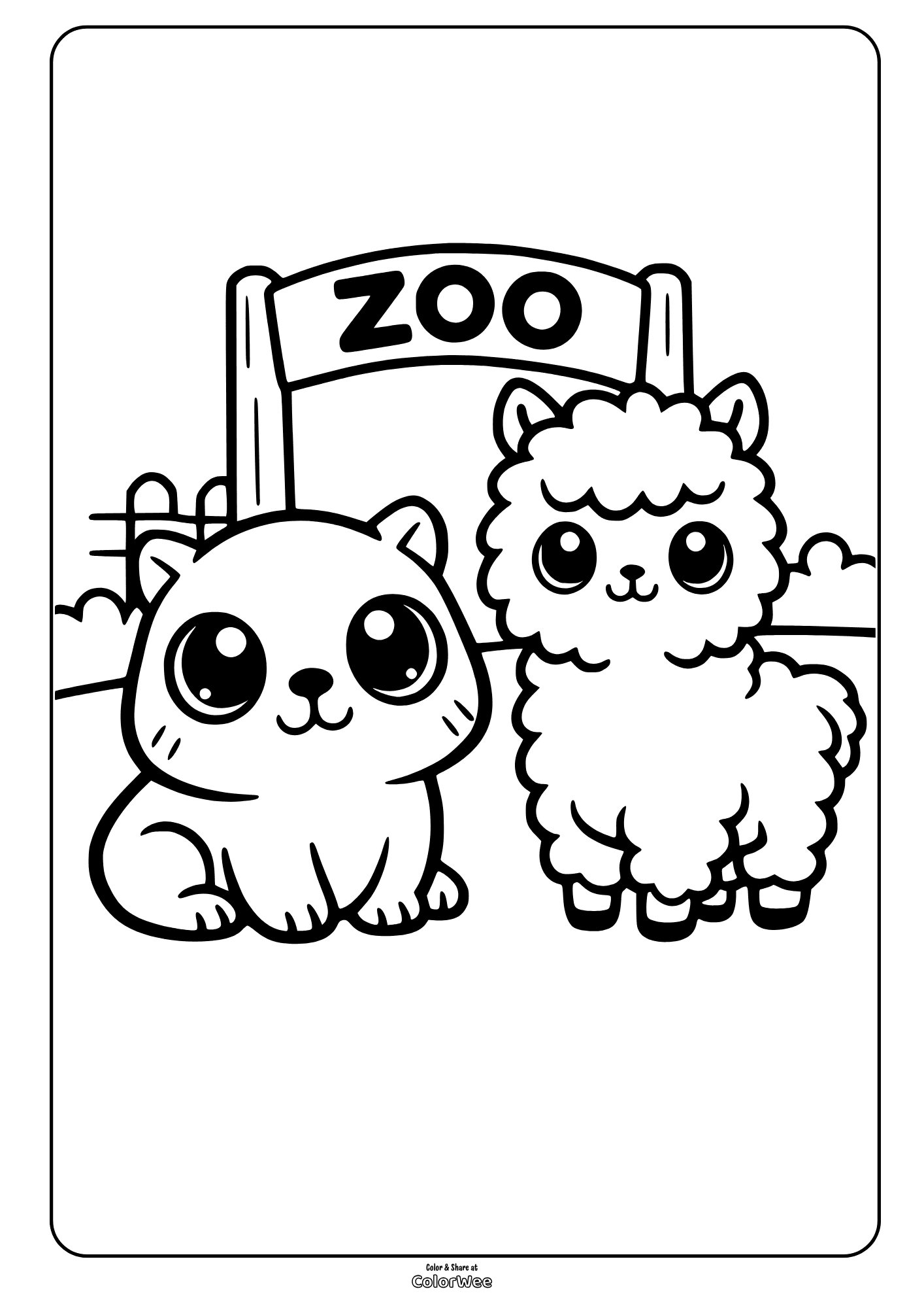 Zoo animals coloring sheet: cute capybara and alpaca at zoo gate
