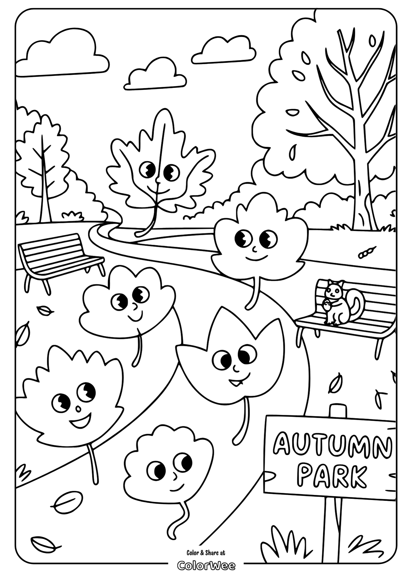 Happy leaves and squirrel in an autumn park coloring page.